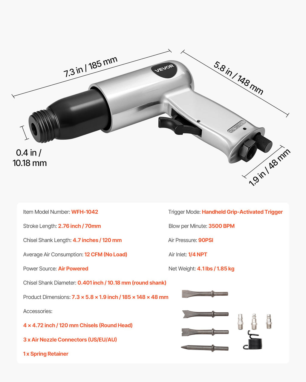 Pneumatinis kūjis VEVOR WFH-1042, 3500 dūžių/min