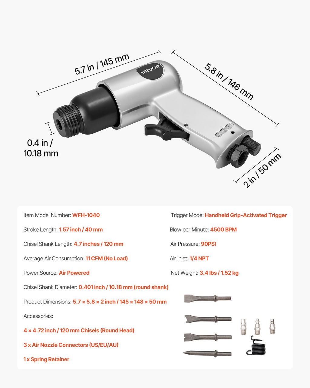 Pneumatinis kūjis VEVOR WFH-1040, 4500 smūgių/min.