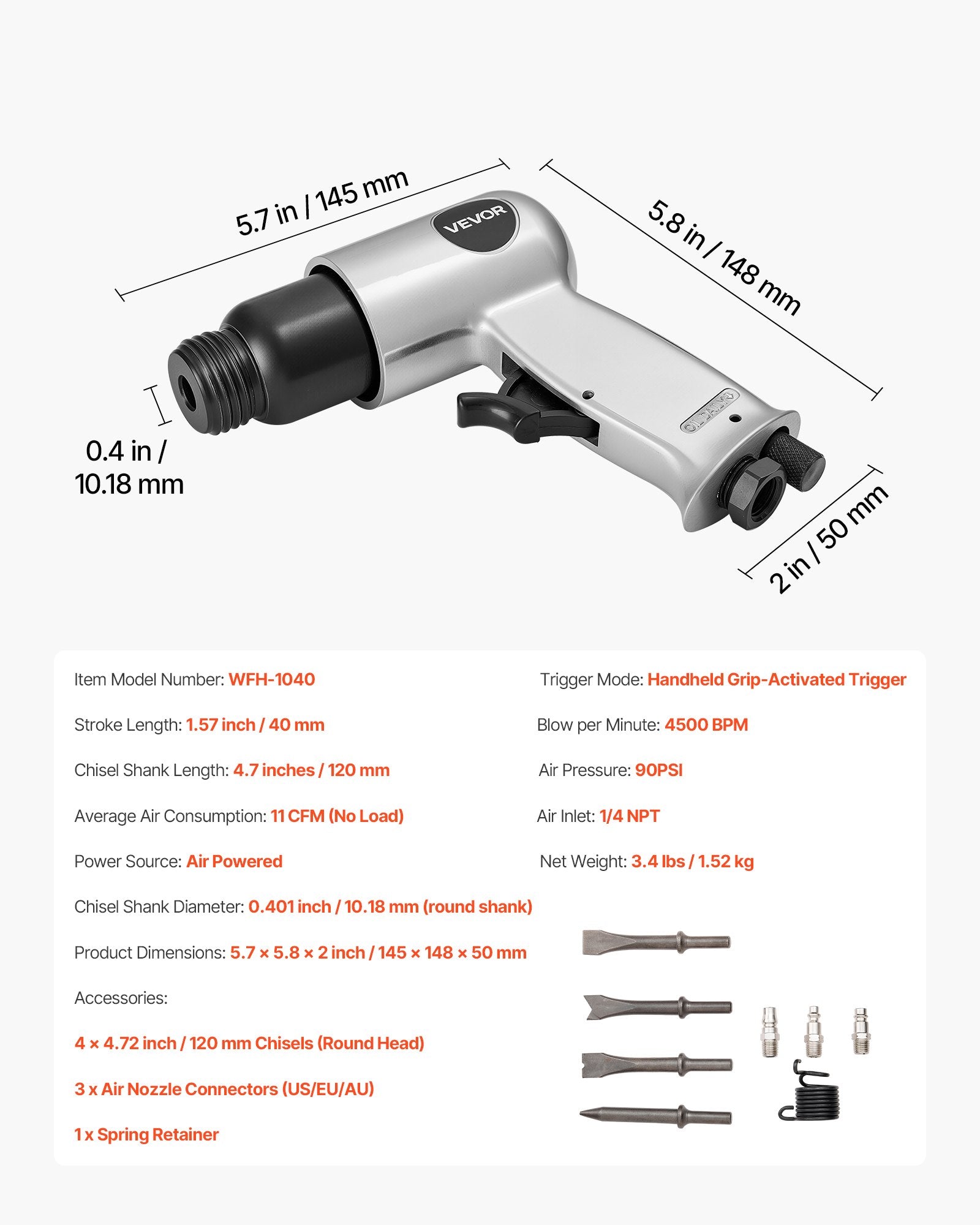 Pneumatinis kūjis VEVOR WFH-1040, 4500 smūgių/min.