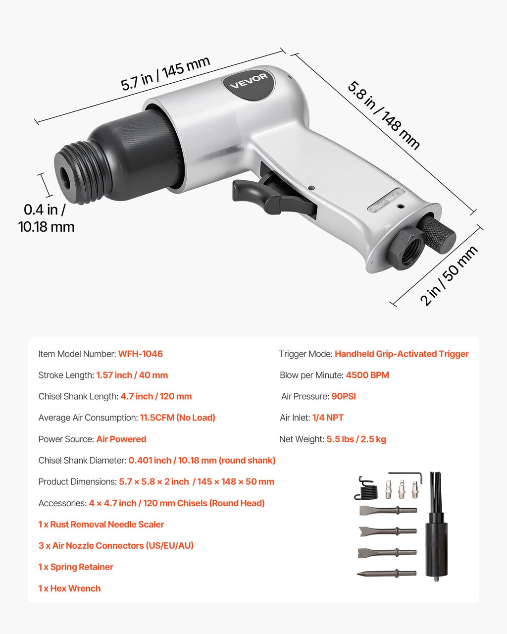 Pneumatinis kūjis VEVOR WFH-1046, 4500 dūžių/min.