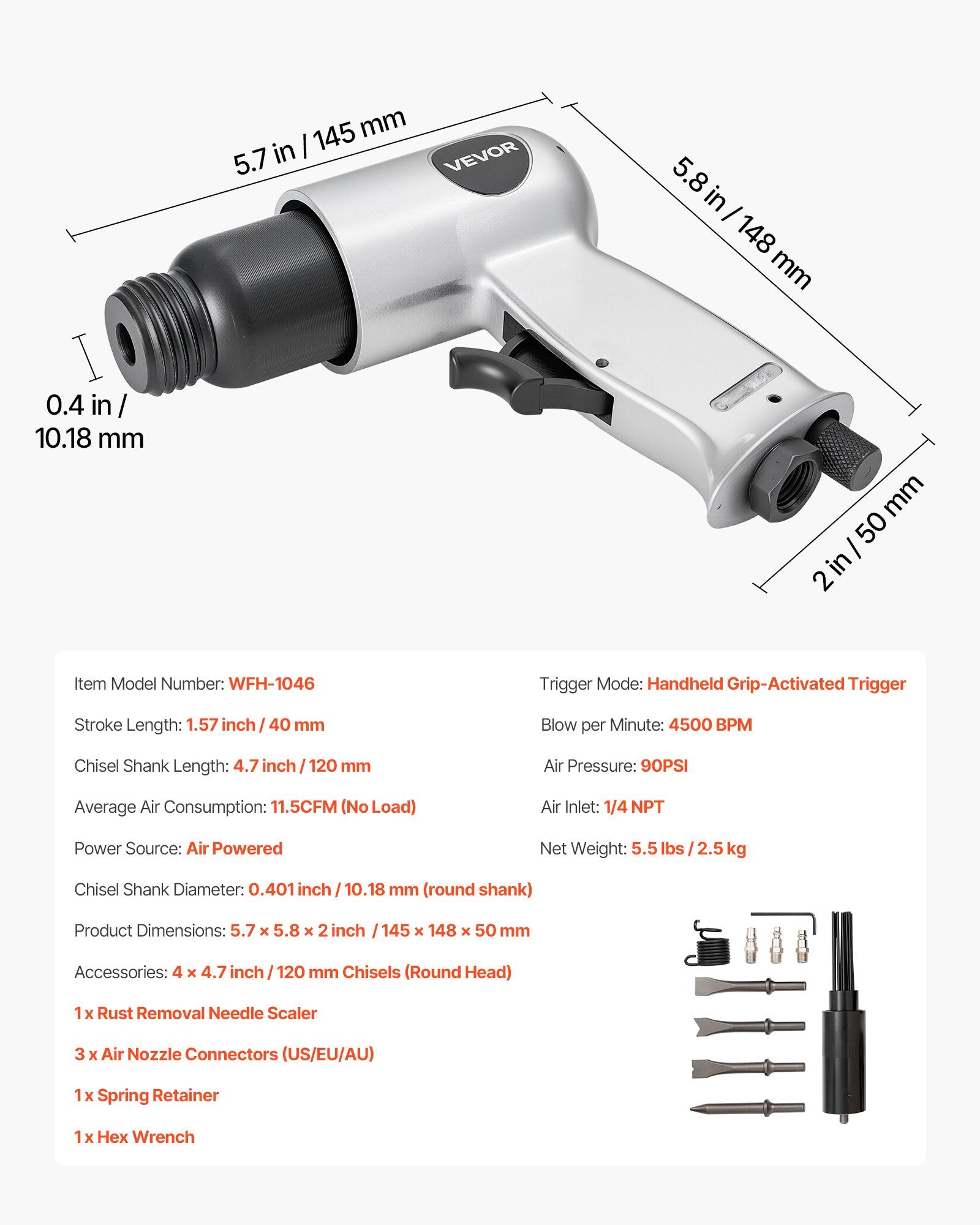 Pneumatinis kūjis VEVOR WFH-1046, 4500 dūžių/min.