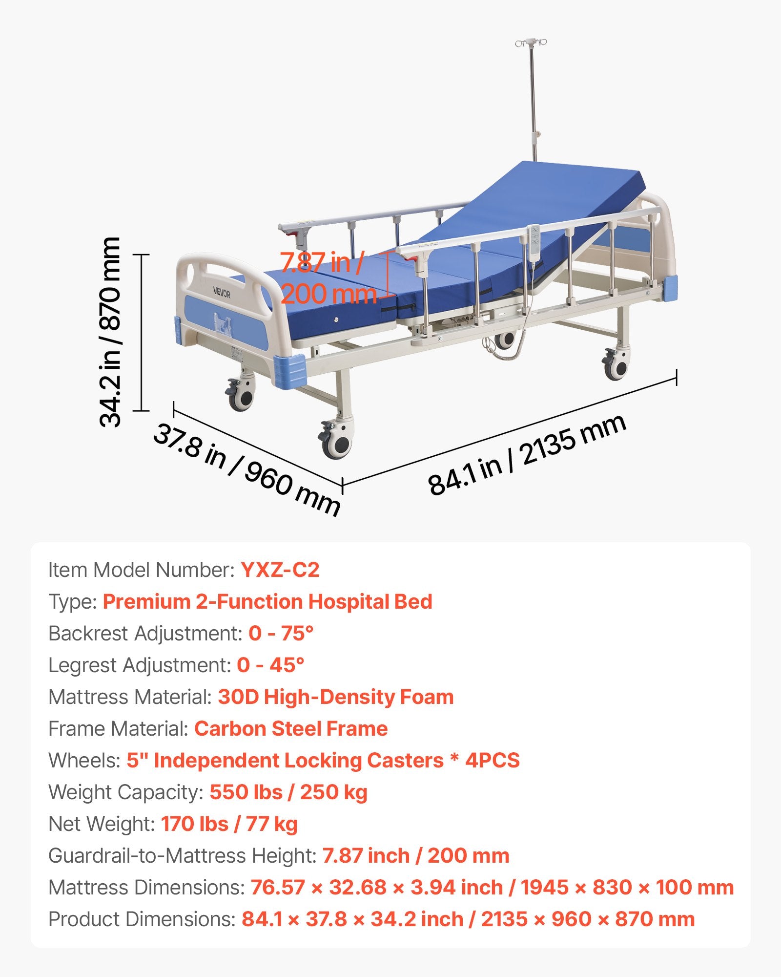 Elektrinė slaugos lova VEVOR YXZ-C2, 250 kg apkrova