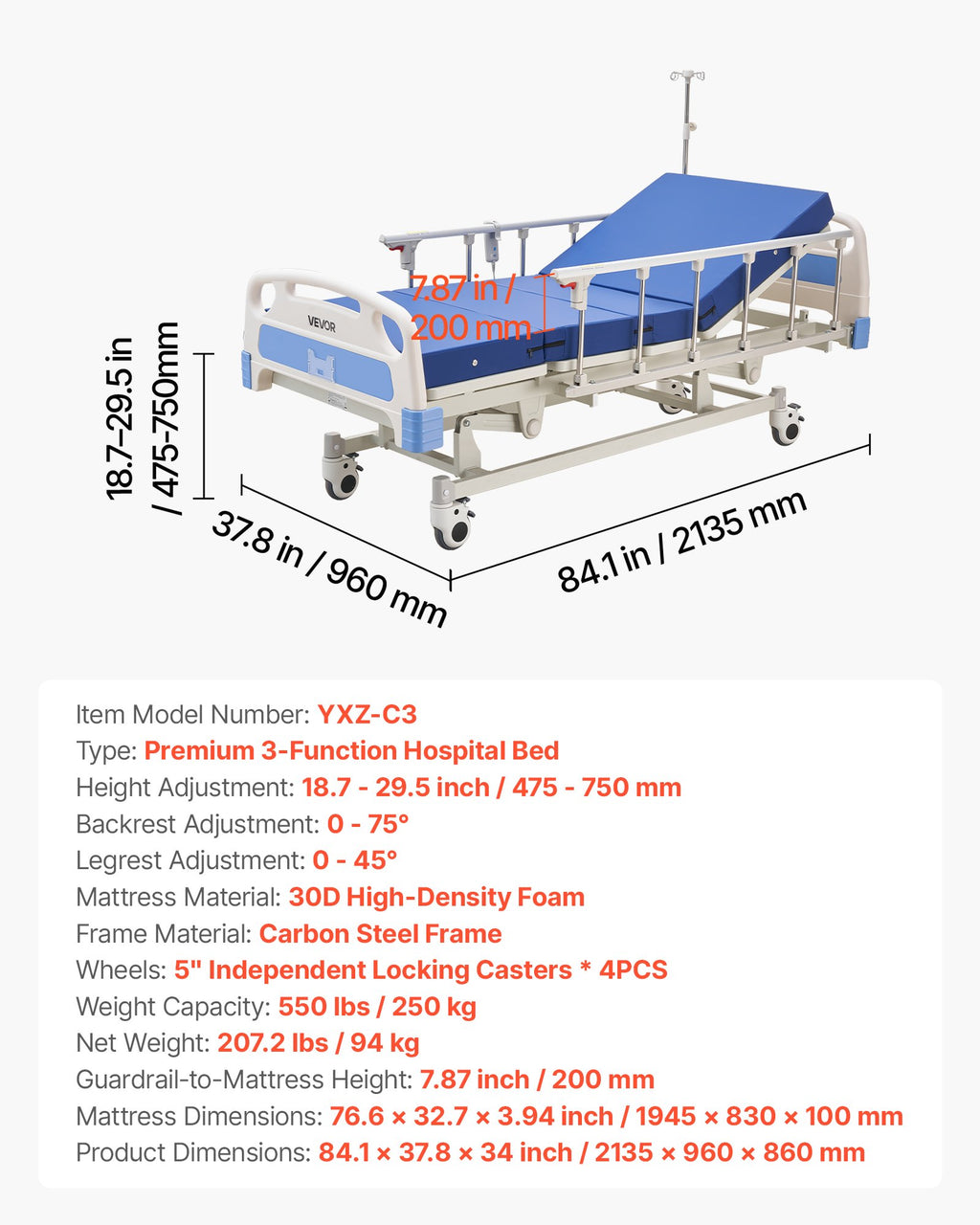 Elektrinė slaugos lova VEVOR YXZ-C3, 250 kg apkrova