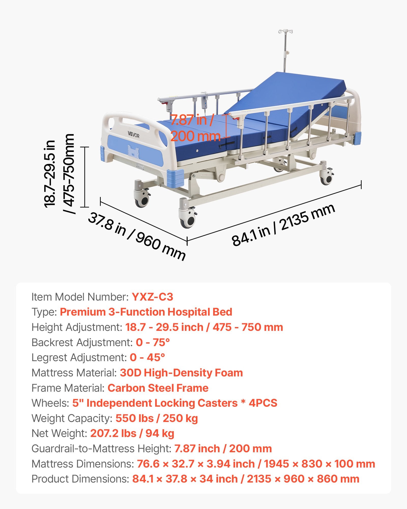 Elektrinė slaugos lova VEVOR YXZ-C3, 250 kg apkrova