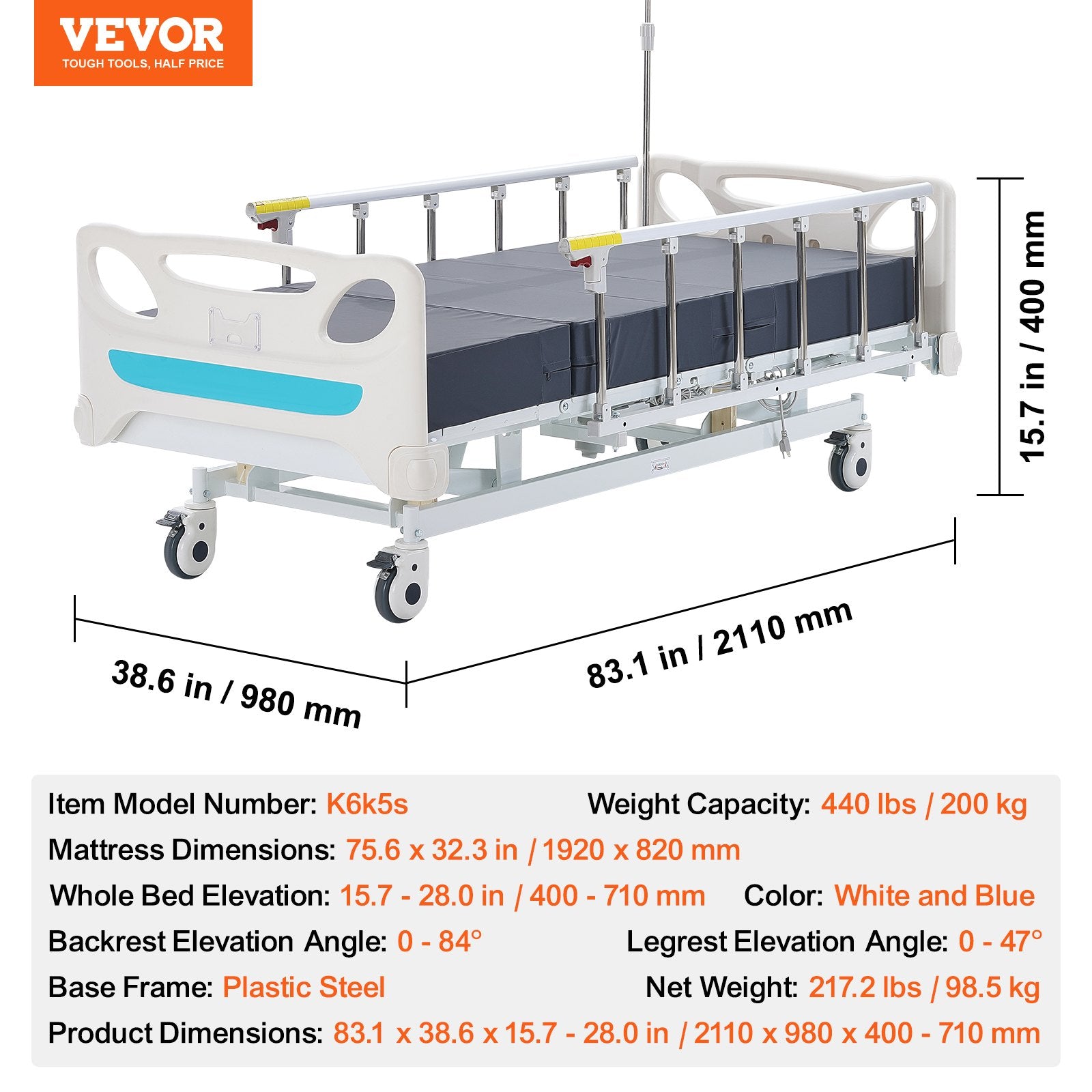 Elektrinė ligoninės lova VEVOR K6k5s, 200 kg apkrova