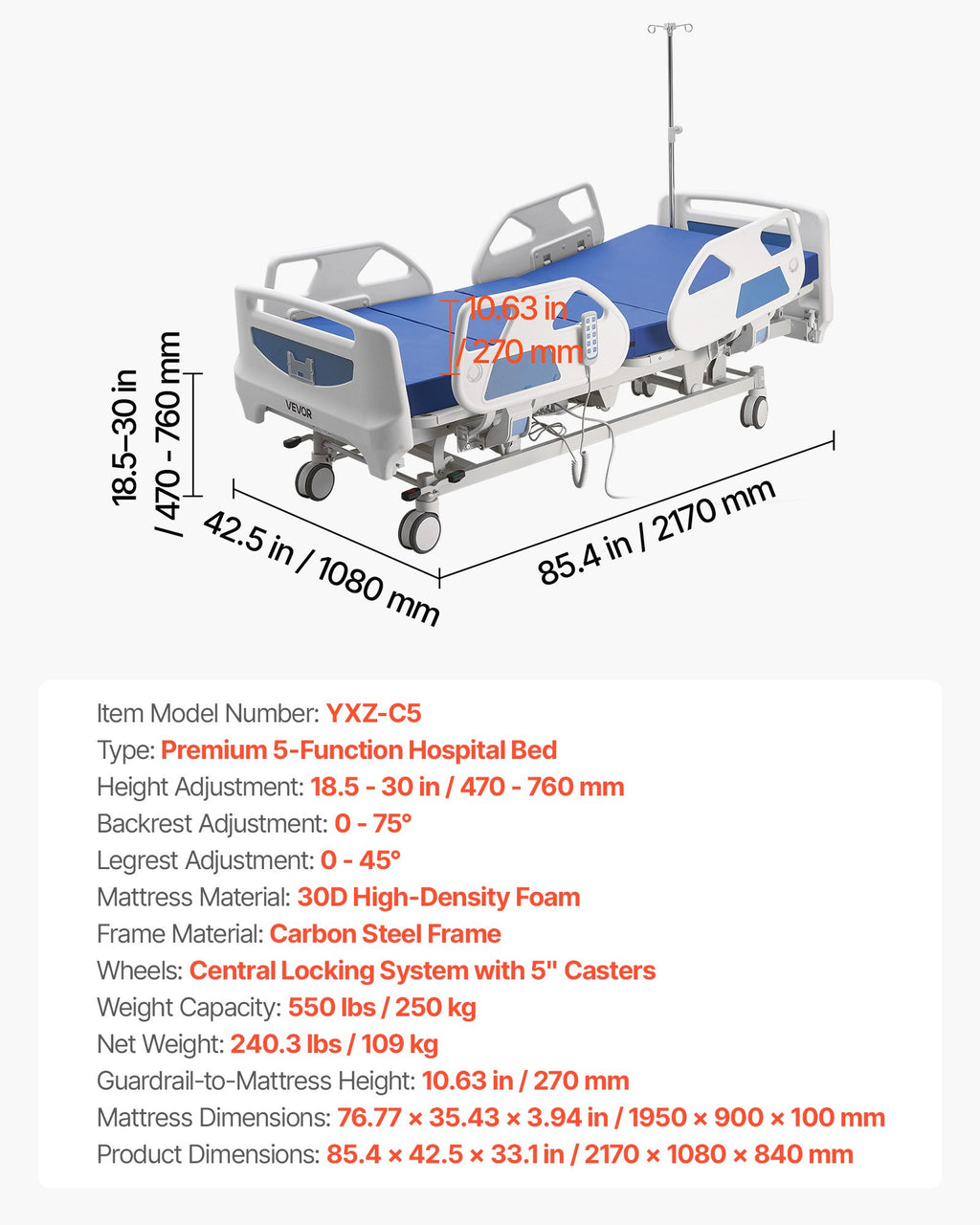 Elektrinė slaugos lova VEVOR YXZ-C5, 250 kg keliamoji galia