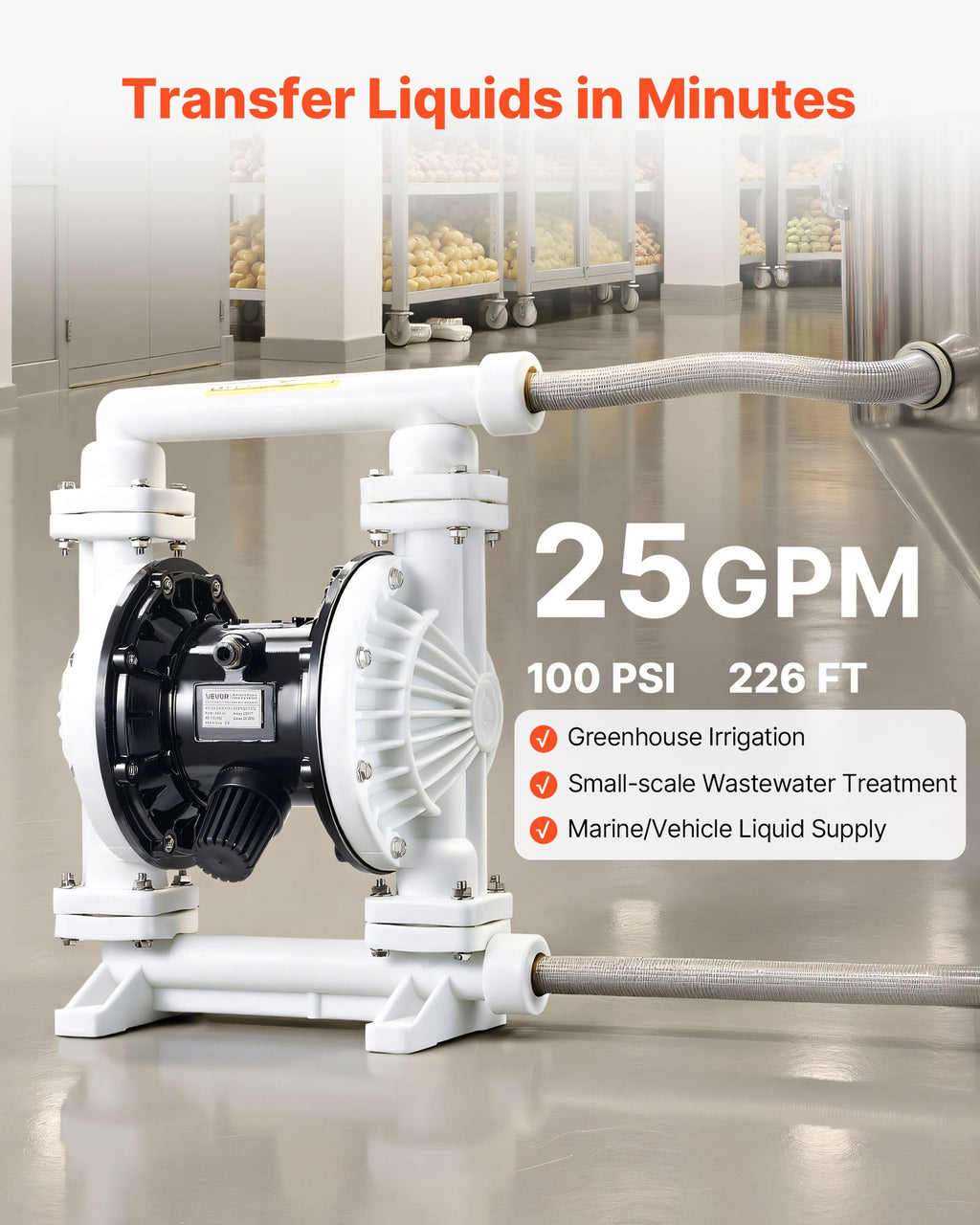 Pneumatinis dvigubos membranos siurblys VEVOR QBK-25, 95 l/min
