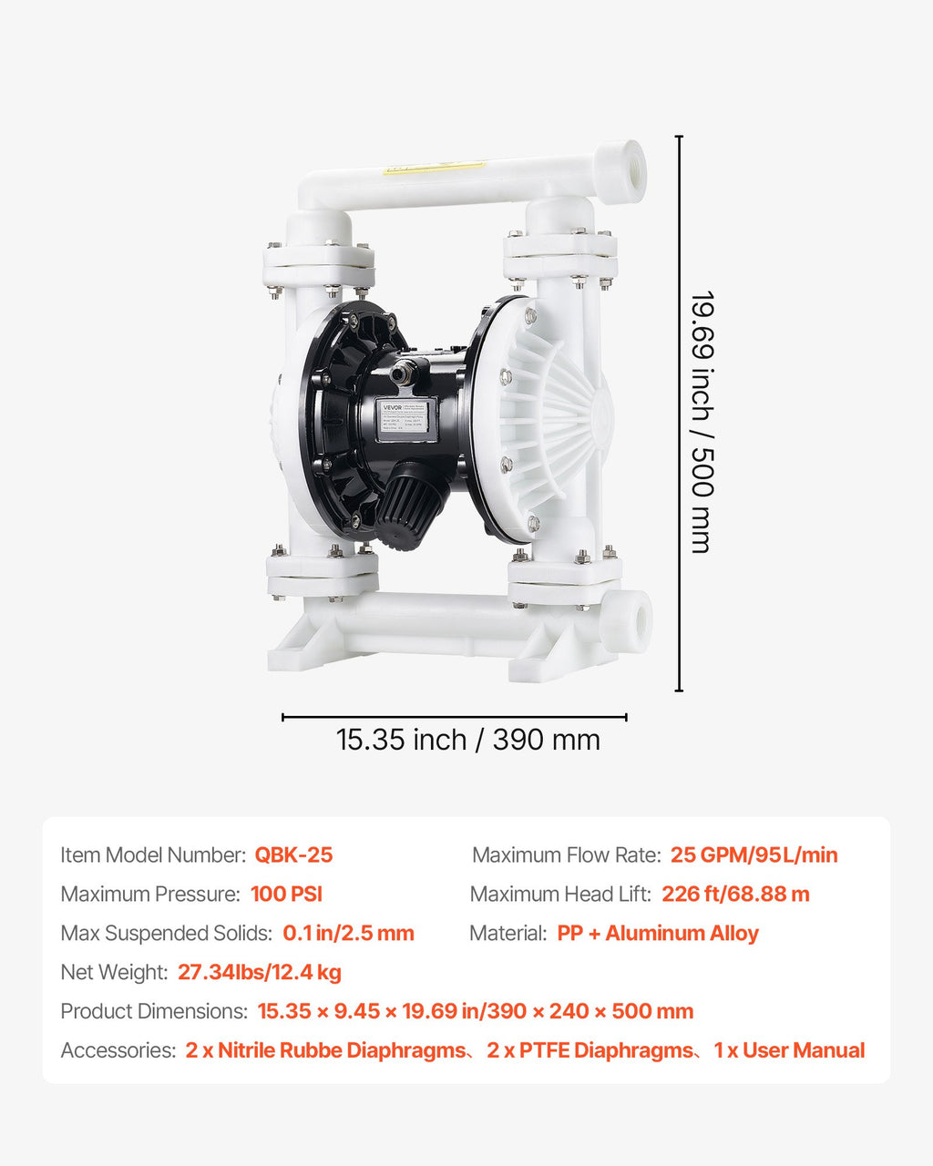 Pneumatinis dvigubos membranos siurblys VEVOR QBK-25, 95 l/min