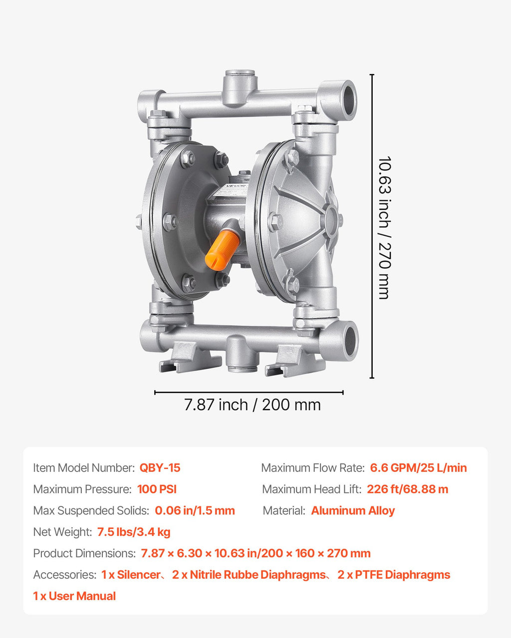 Pneumatinis dvigubos membranos siurblys VEVOR QBY-15, 25 l/min