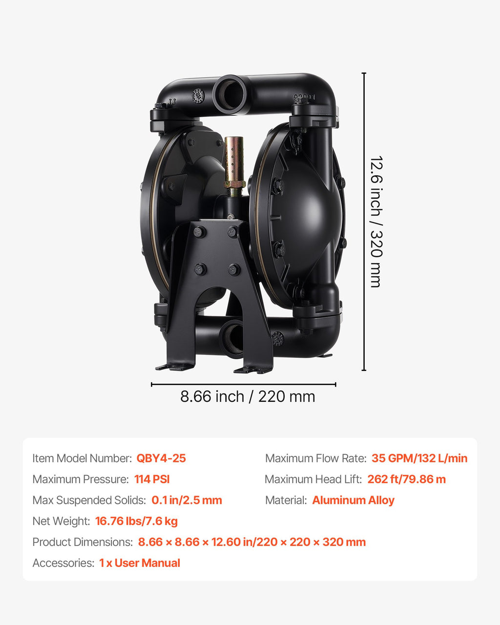 Pneumatinis dvigubos membranos siurblys VEVOR QBY4-25, 132 l/min