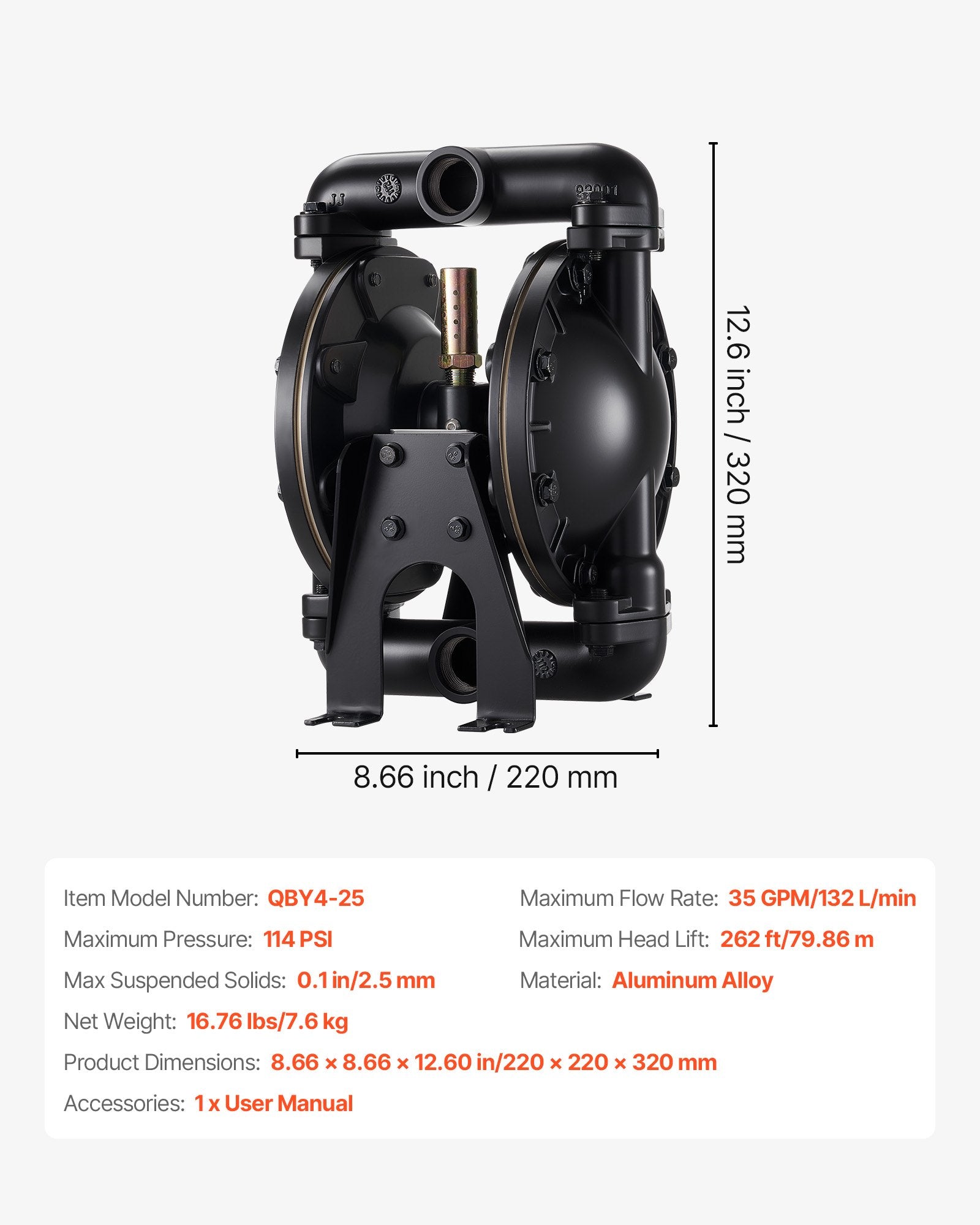 Pneumatinis dvigubos membranos siurblys VEVOR QBY4-25, 132 l/min