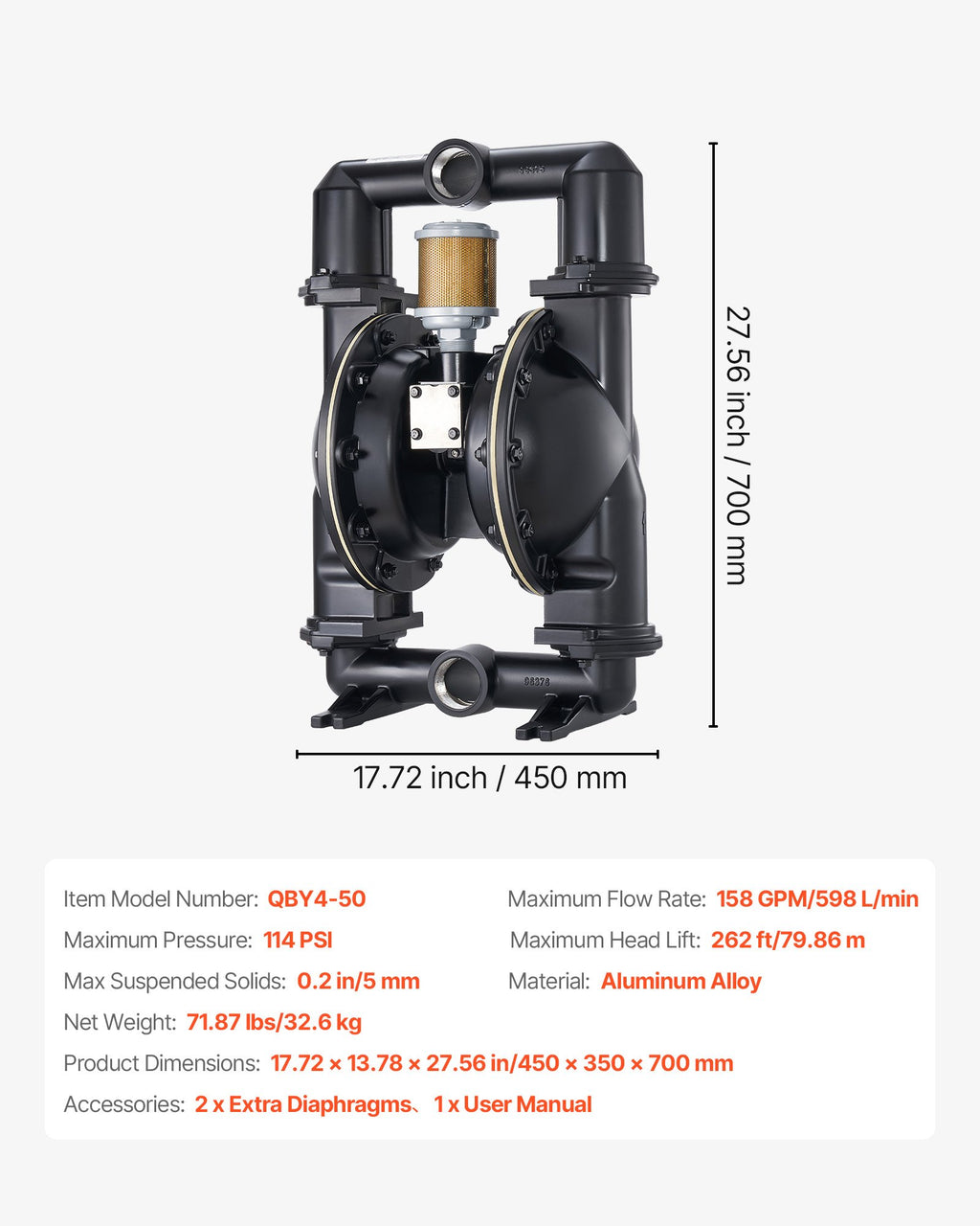 Pneumatinis dvigubos membranos siurblys VEVOR QBY4-50, 598 l/min