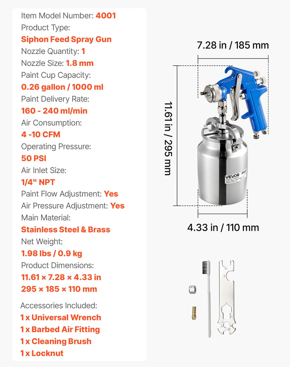 Pneumatinis dažų purkštuvas VEVOR 4001, 1000 ml talpa