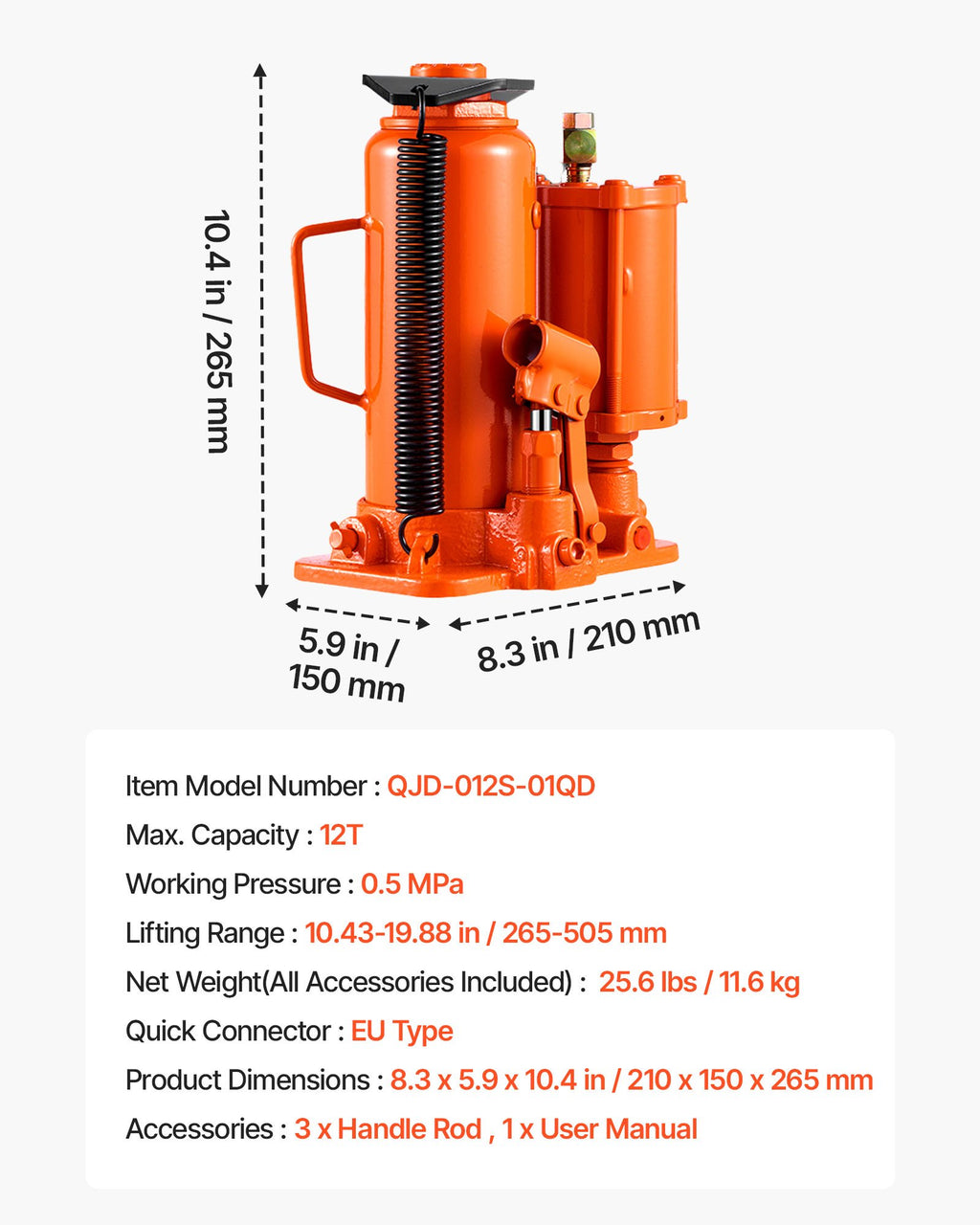 Pneumatinis hidraulinis domkratas VEVOR QJD-012S-01QD, 12 t