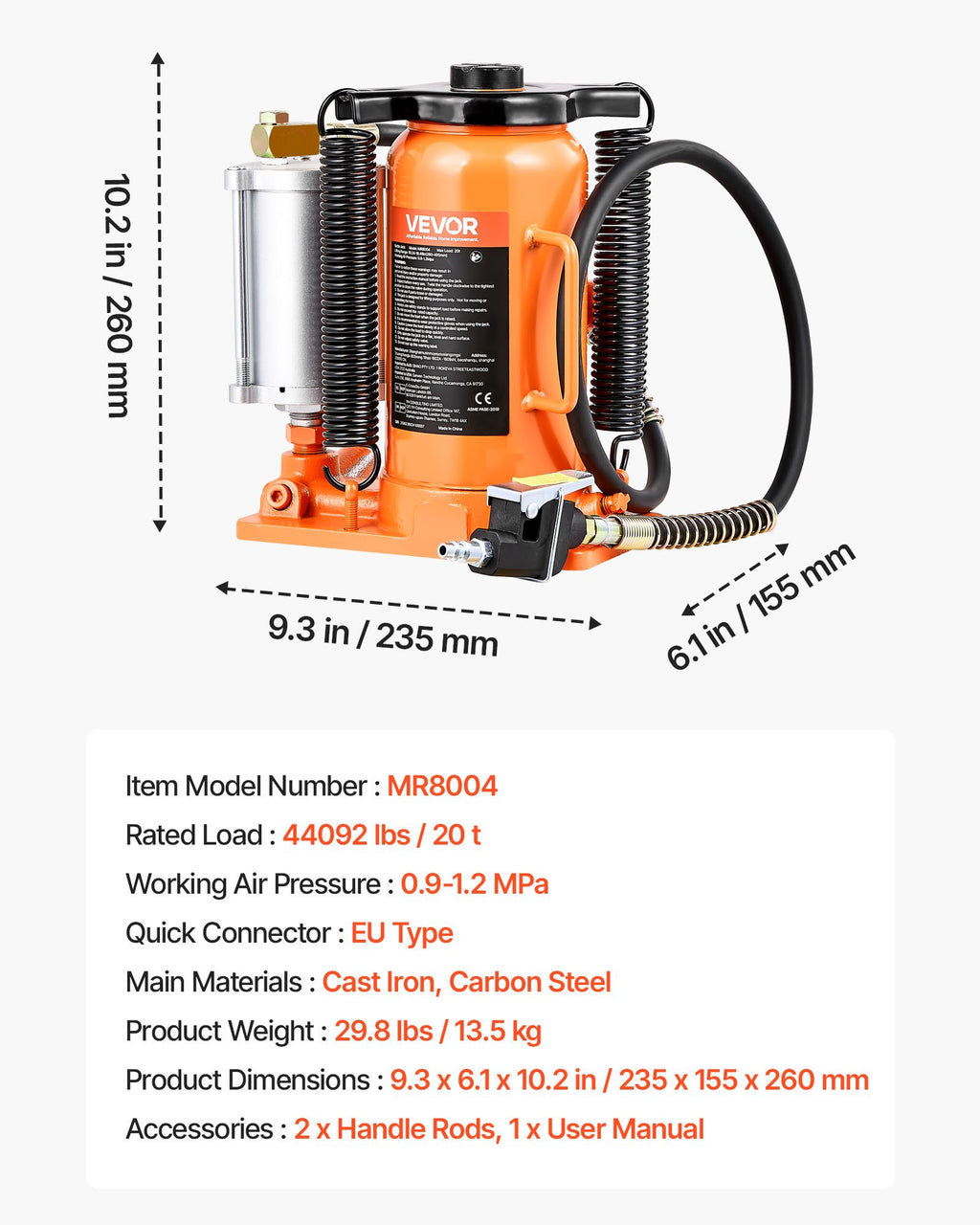 Pneumatinis hidraulinis domkratas VEVOR MR8004, 20 t