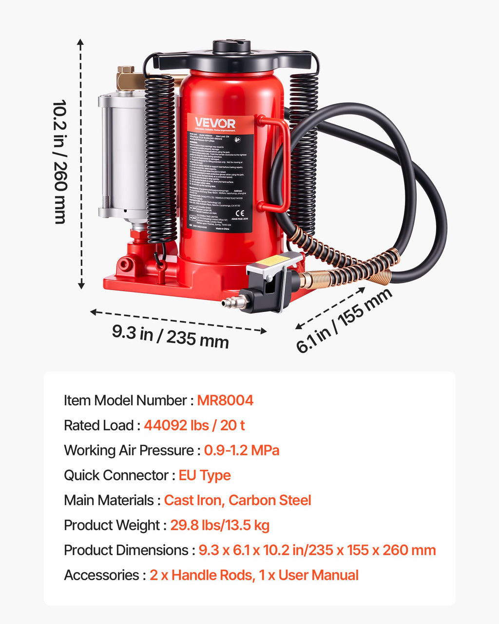 Pneumatinis hidraulinis keltuvas VEVOR MR8004, 20 t