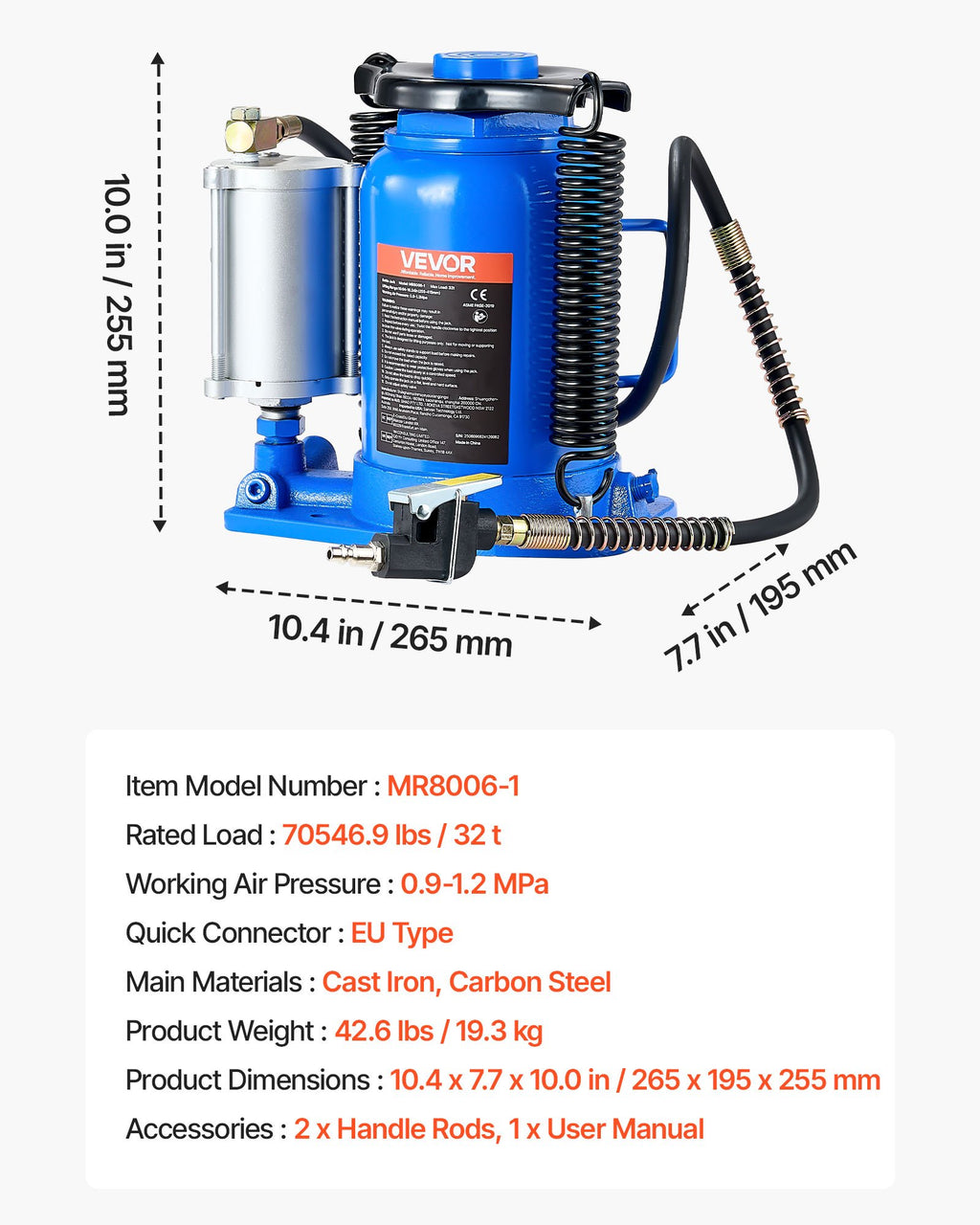 Pneumatinis hidraulinis keltuvas (domkratas) VEVOR MR8006-1, 32 t