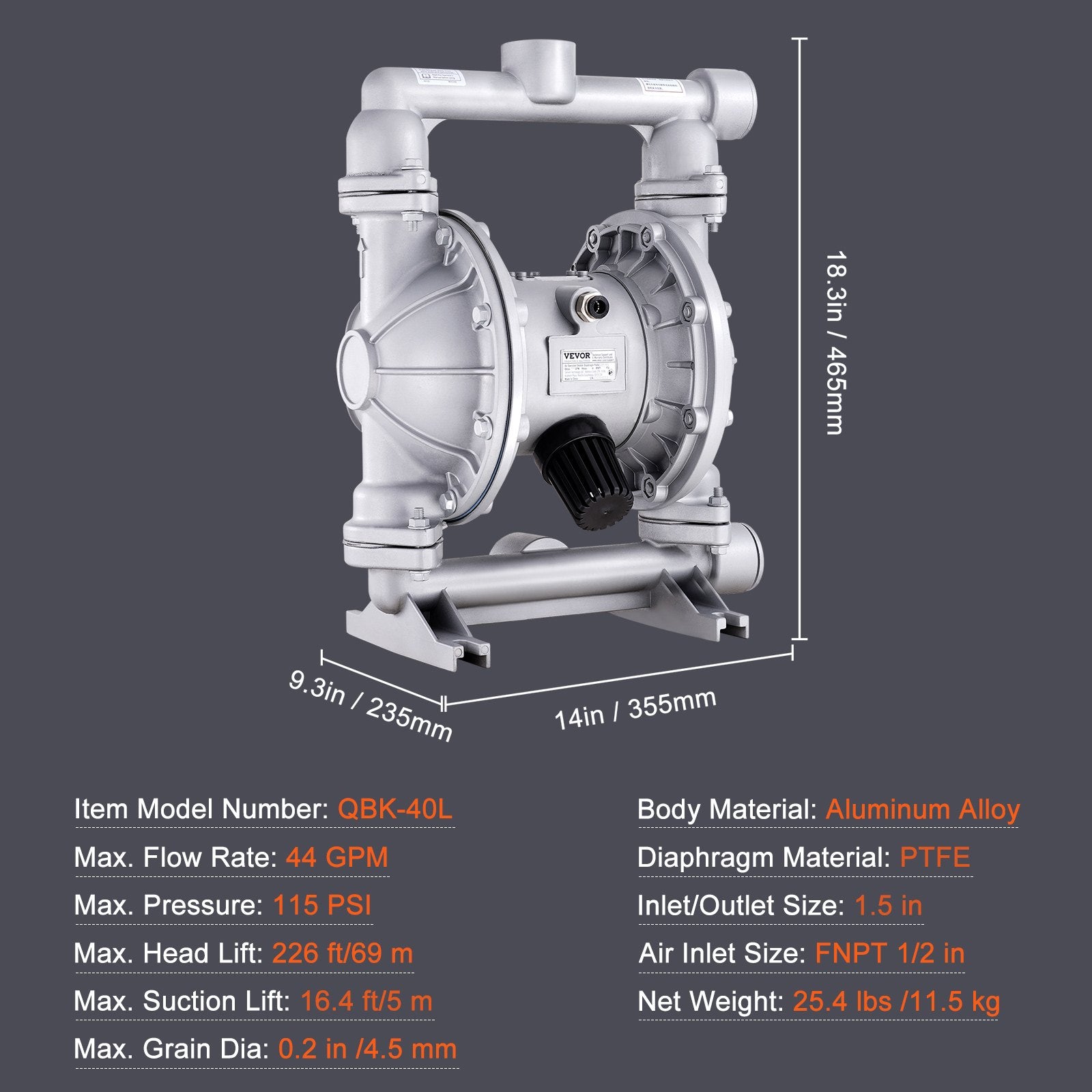 Pneumatinis membraninis siurblys VEVOR QBK-40L, 166 l/min