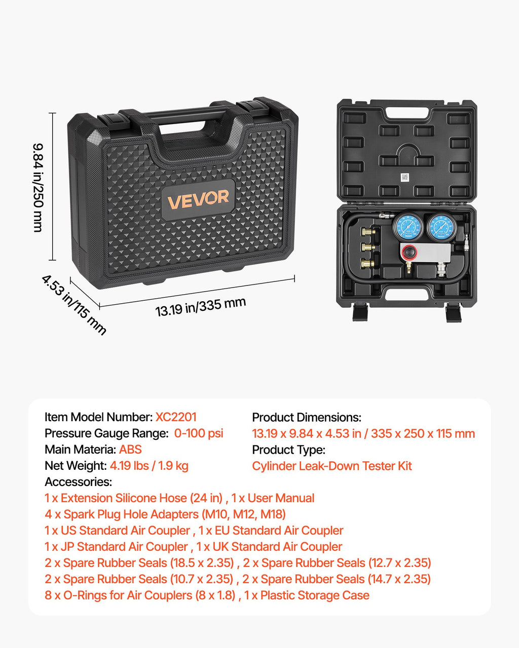 Variklio cilindrų sandarumo matuoklis VEVOR XC2201, 0–100 PSI