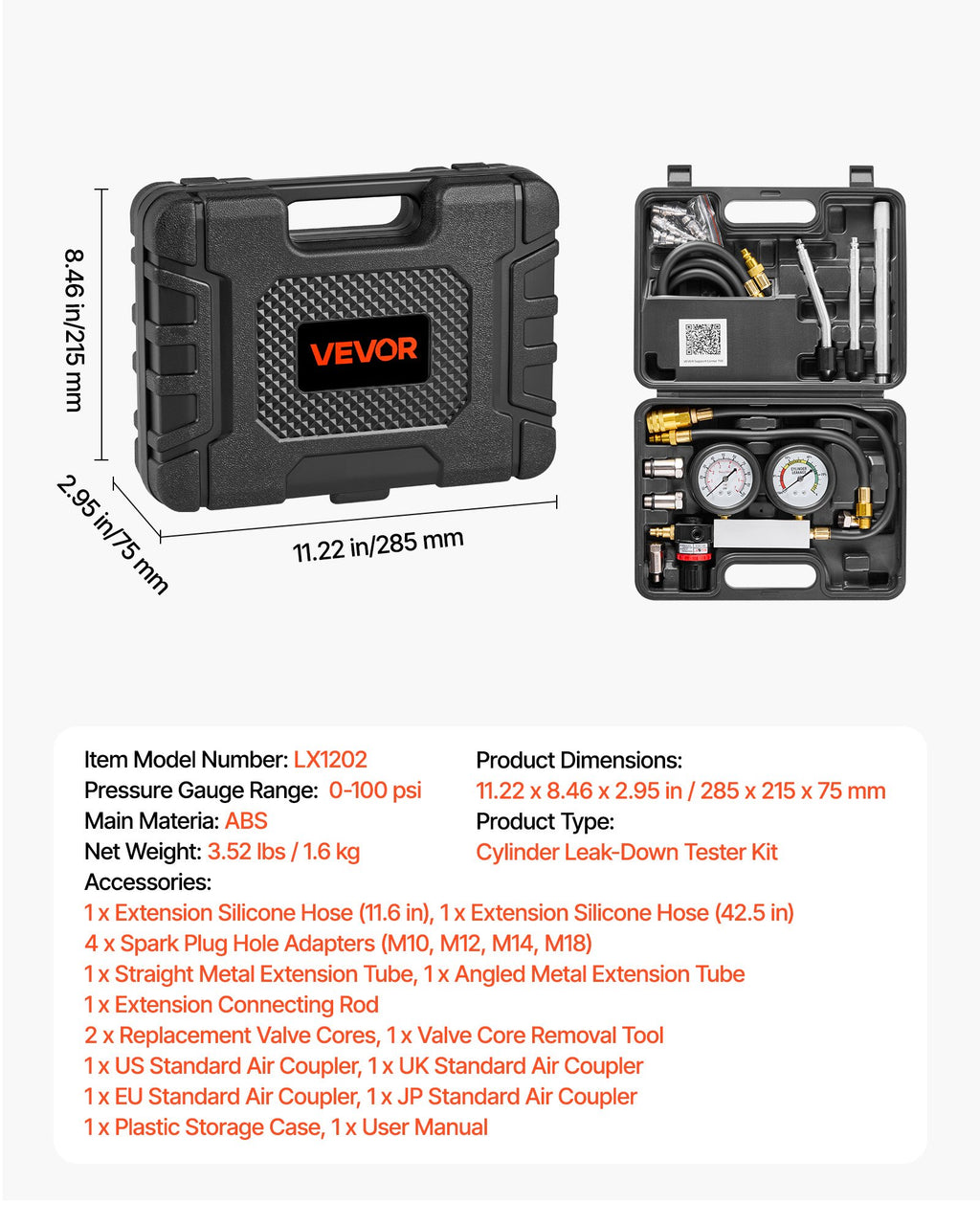 Variklio cilindrų sandarumo testeris VEVOR LX1202, 0-100 PSI