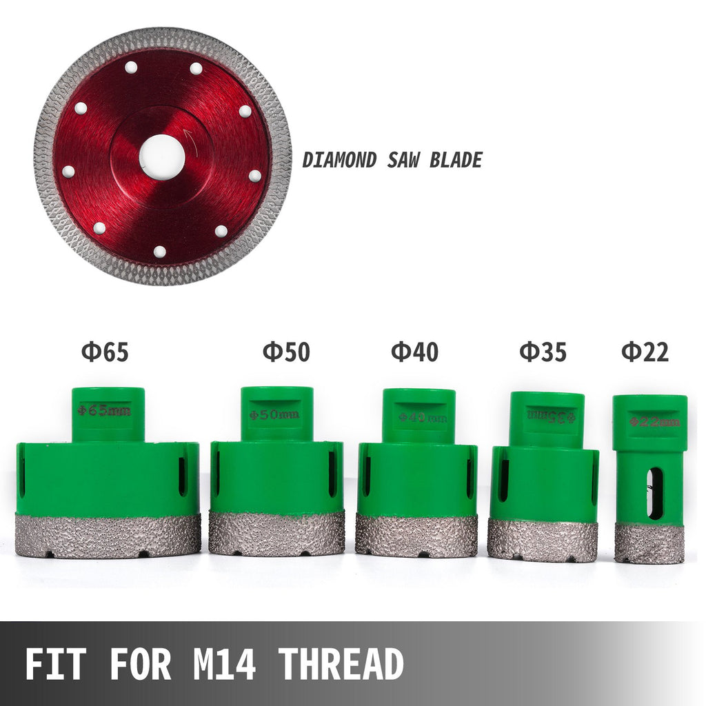 Deimantinių karūninių grąžtų rinkinys VEVOR 5 vnt., 22-65 mm, M14