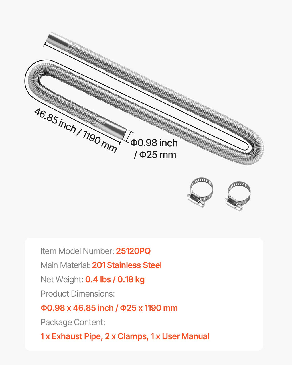 Dyzelinio šildytuvo išmetimo žarna VEVOR 25120PQ, 1200 mm