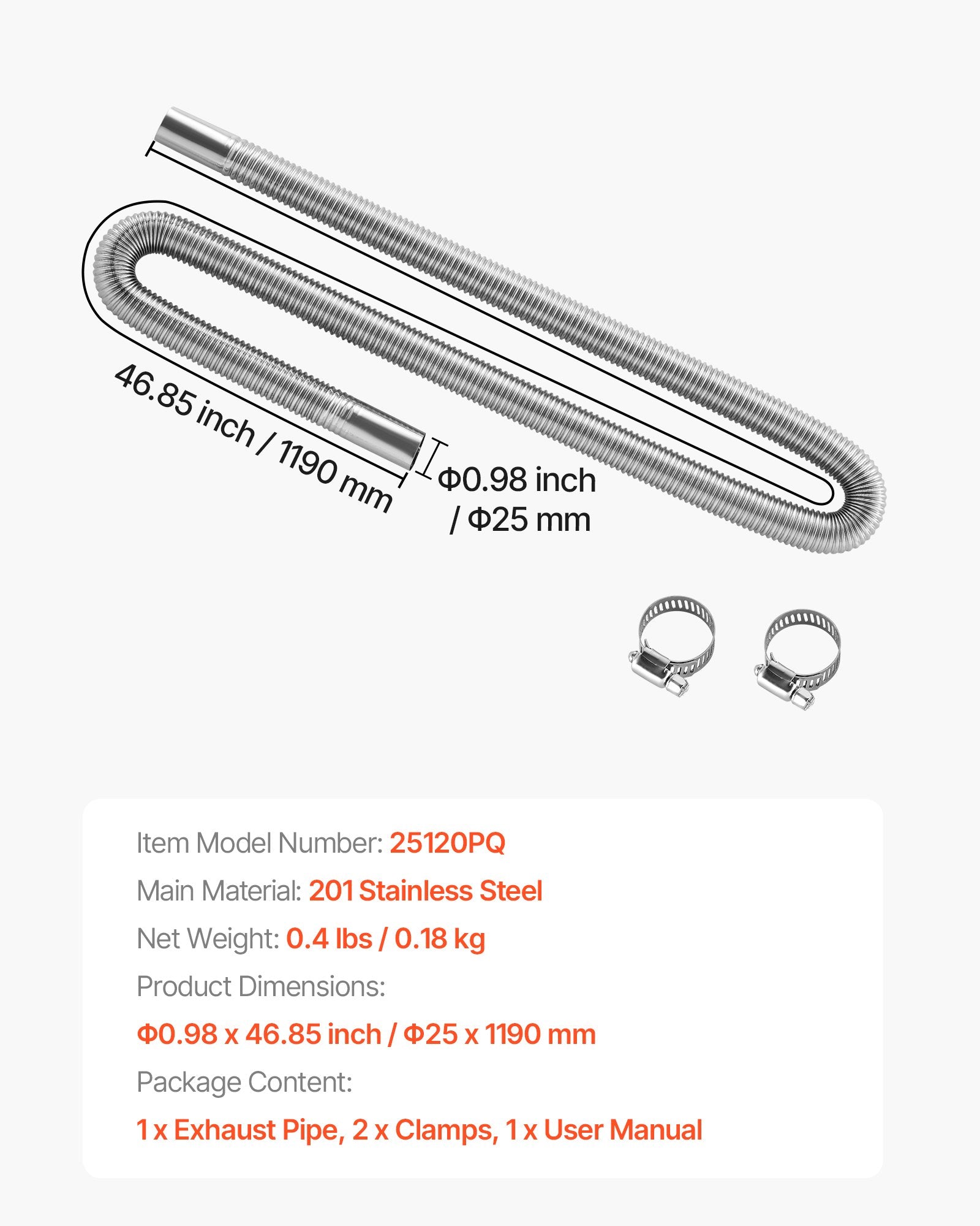 Dyzelinio šildytuvo išmetimo žarna VEVOR 25120PQ, 1200 mm
