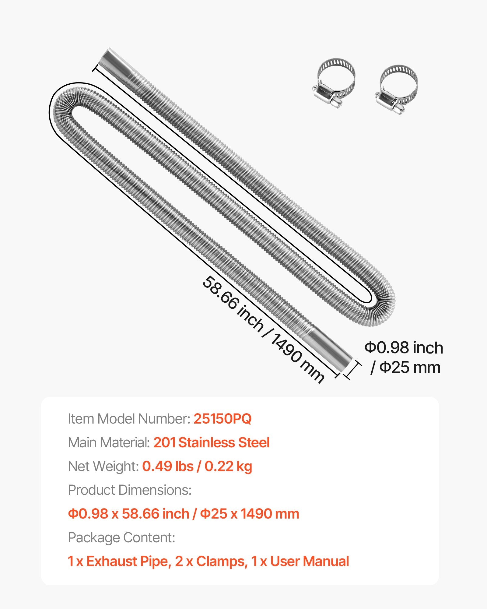 Dyzelinio šildytuvo išmetimo žarna VEVOR 25150PQ, 1490 mm