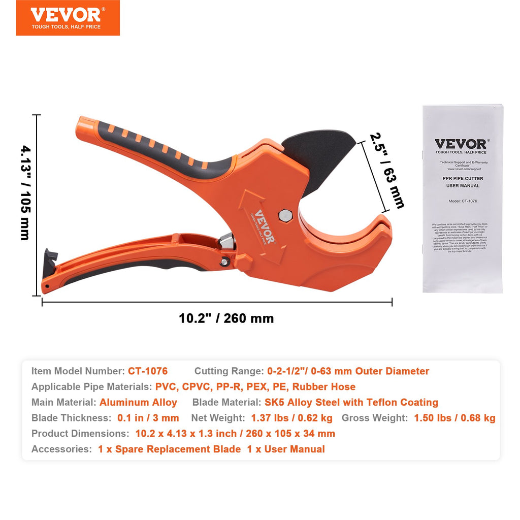PVC vamzdžių žirklės VEVOR CT-1076, 0-63 mm