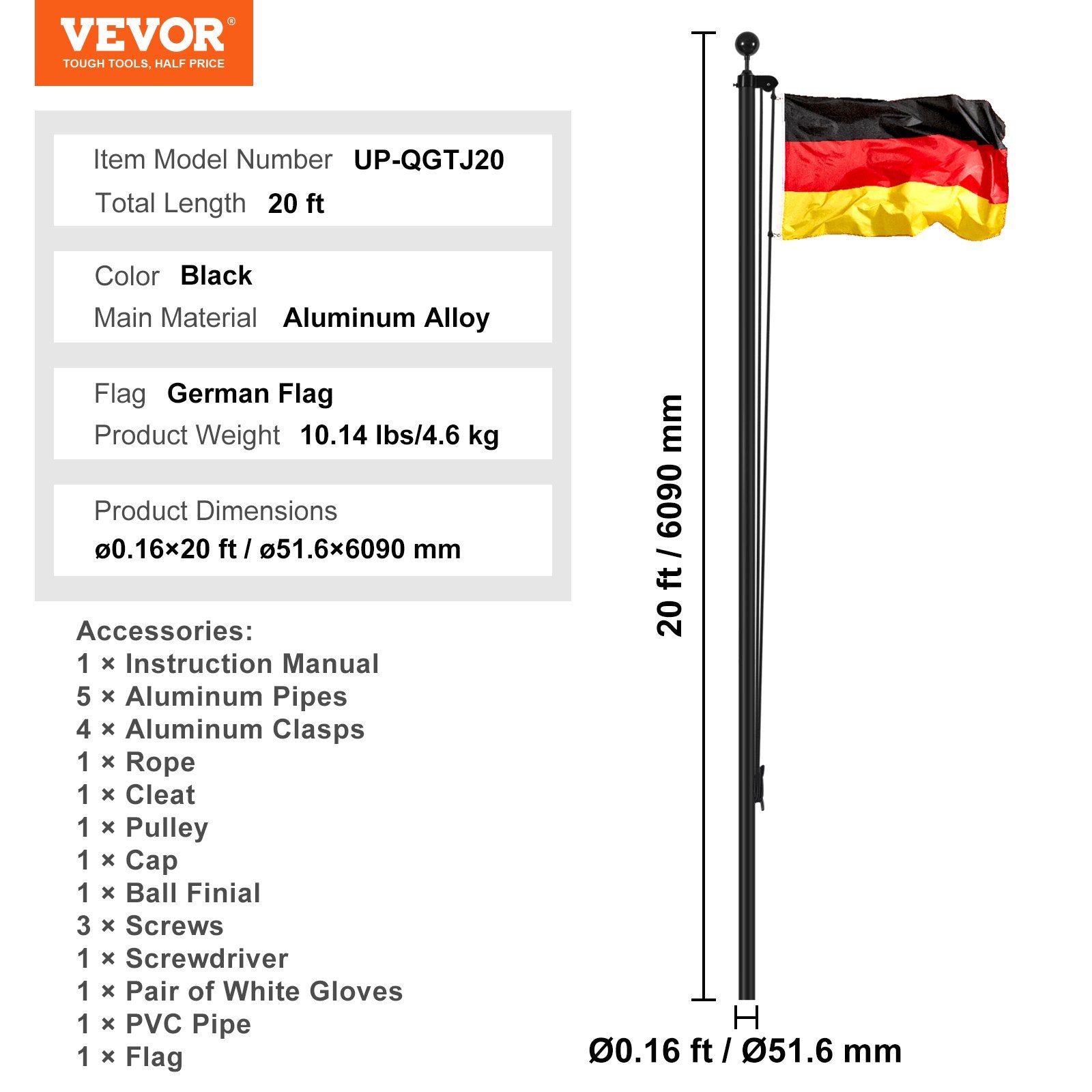 Vėliavos stiebas VEVOR UP-QGTJ20, 6,1 m.