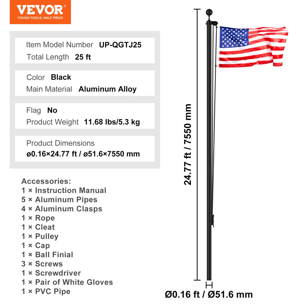 Vėliavos stiebas VEVOR UP-QGTJ25, 7,6 m