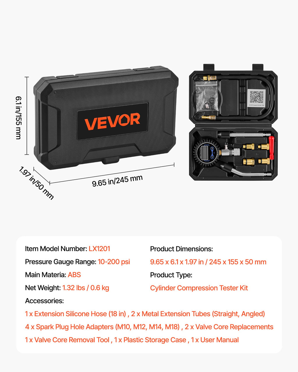 Variklio cilindrų kompresijos matuoklis VEVOR LX1201, 10-200 PSI