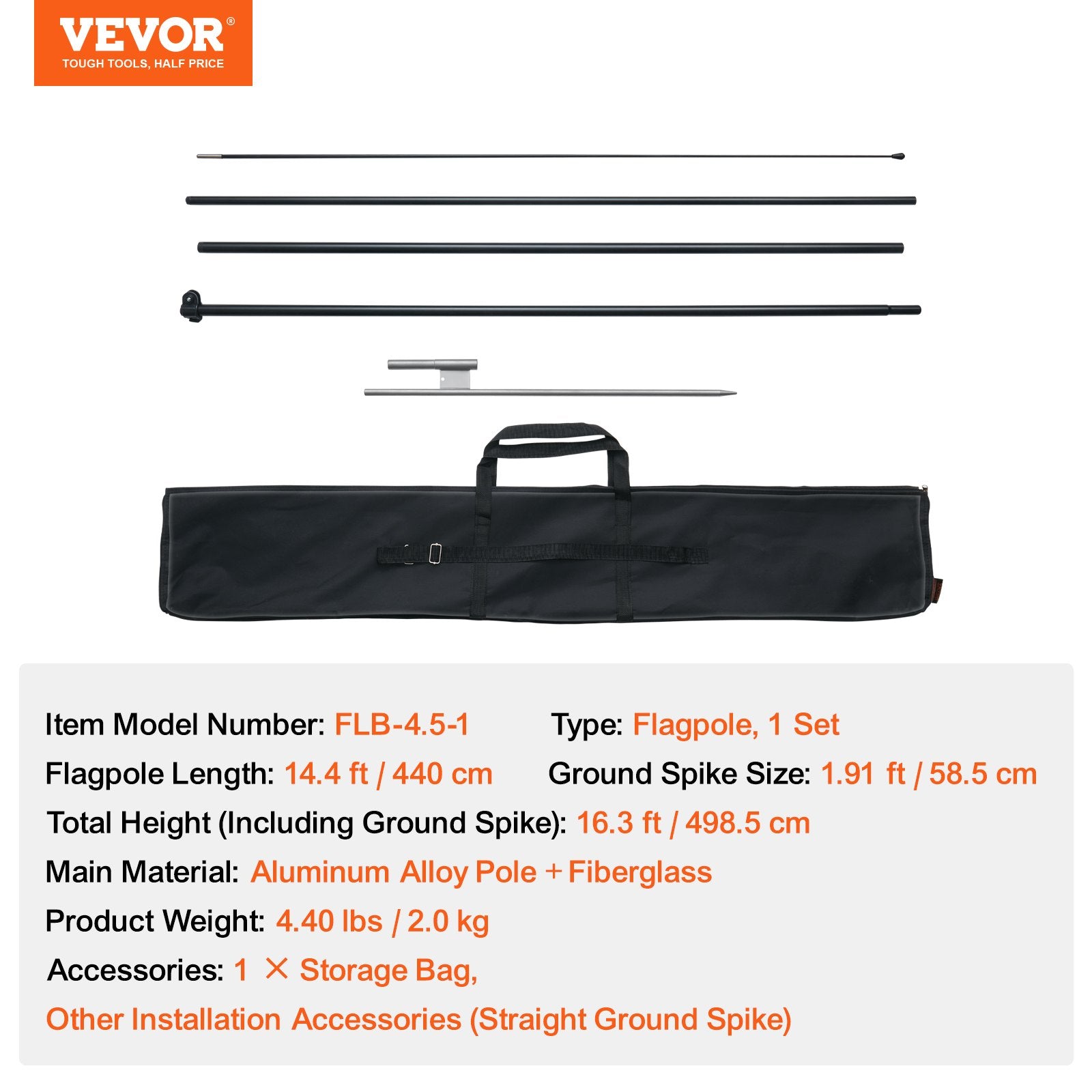 Reklaminės vėliavos stiebas VEVOR FLB-4.5-1, 4,98 m