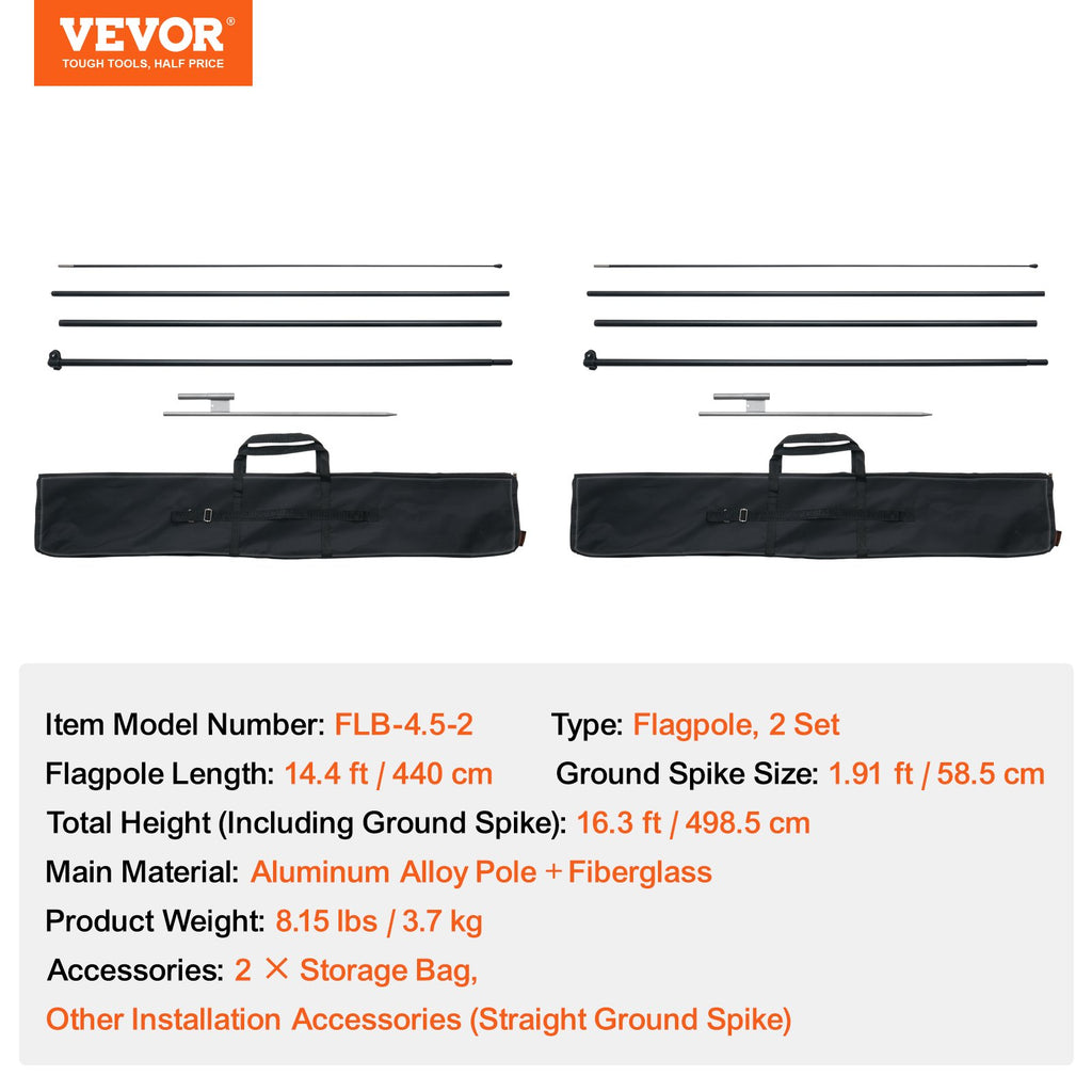 Reklaminės vėliavos stiebas VEVOR FLB-4.5-2, 4,98 m (2 vnt. komplektas)