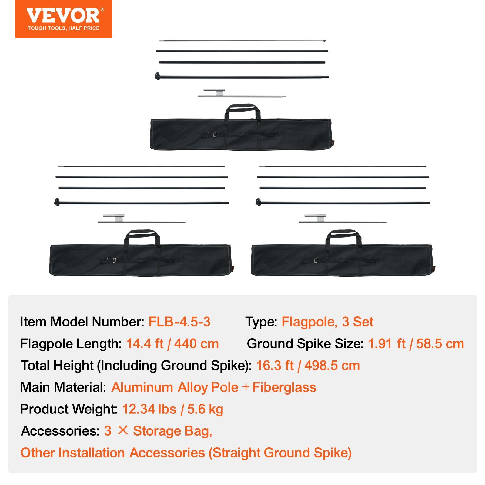 Reklaminės vėliavos stiebų rinkinys VEVOR FLB-4.5-3, 4,98 m