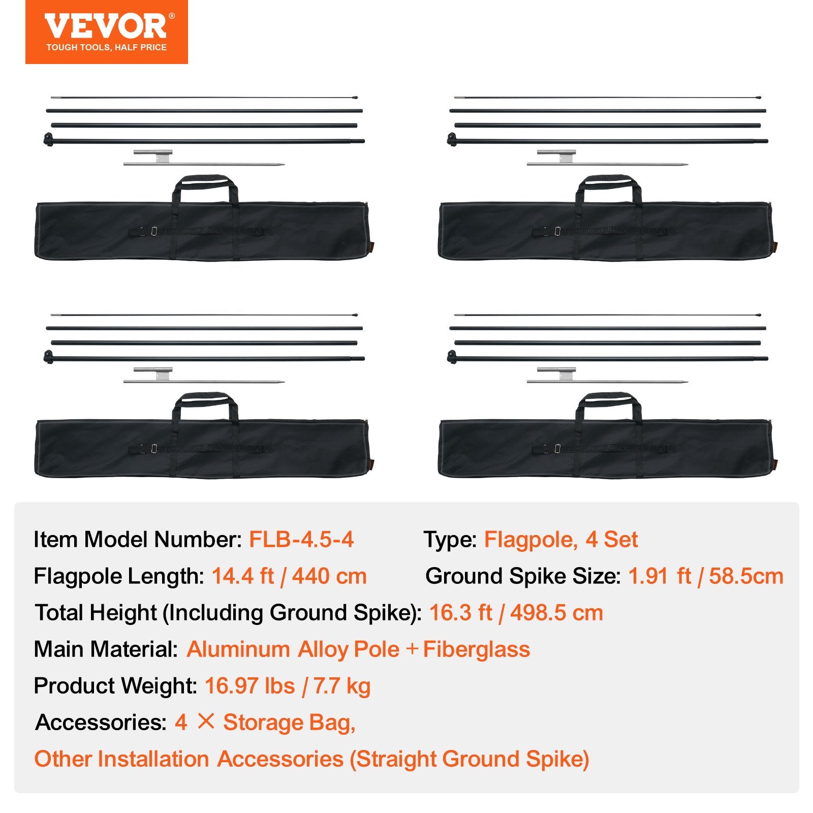 Reklaminės vėliavos stiebų rinkinys VEVOR FLB-4.5-4, 4 vnt., 4,98 m