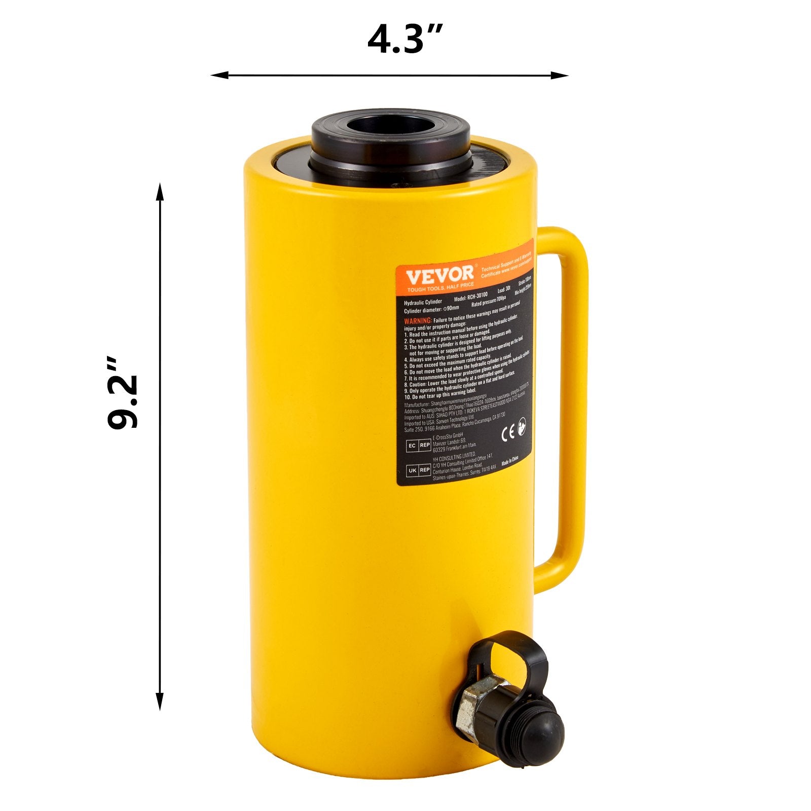 Tuščiaviduris hidraulinis cilindras VEVOR 30T, 100 mm eiga