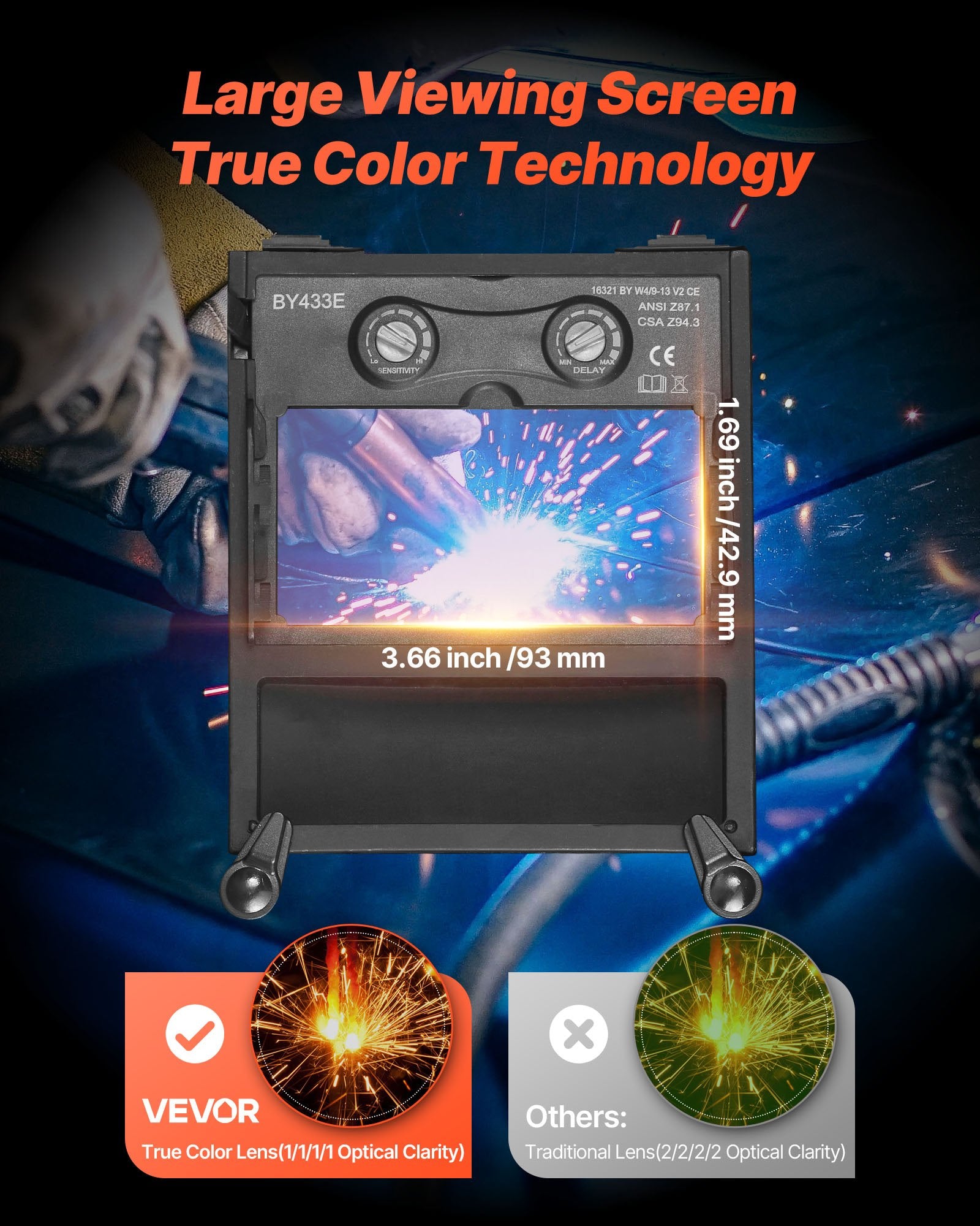 Automatiškai tamsėjantis suvirinimo skydelis VEVOR BY433E, True Color technologija
