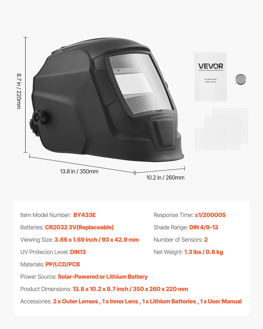 Automatiškai tamsėjantis suvirinimo skydelis VEVOR BY433E, True Color technologija