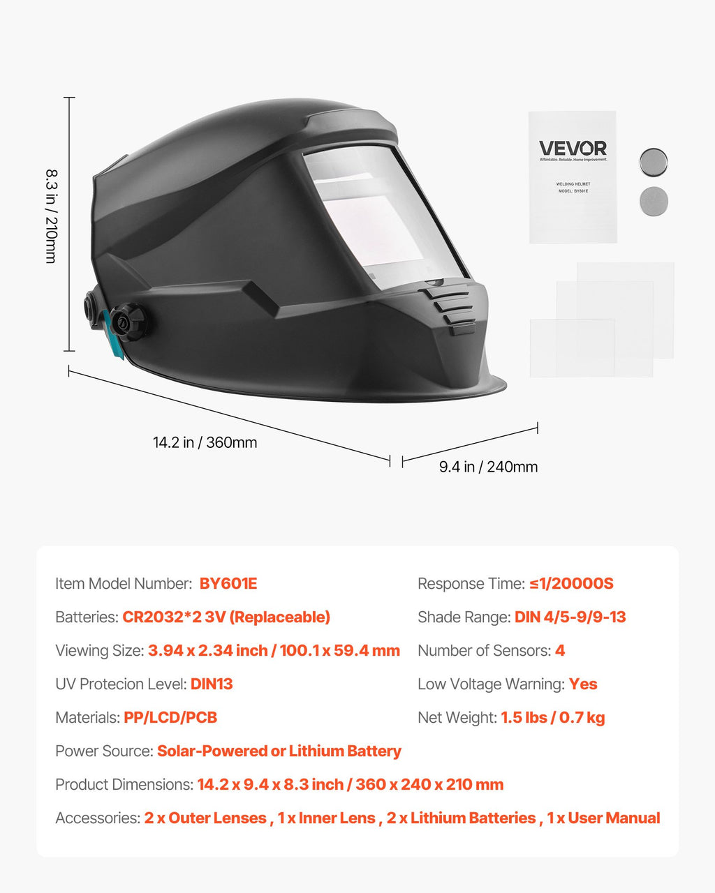 Automatinis suvirinimo skydelis VEVOR METIS BY601E, 100 x 59,4 mm