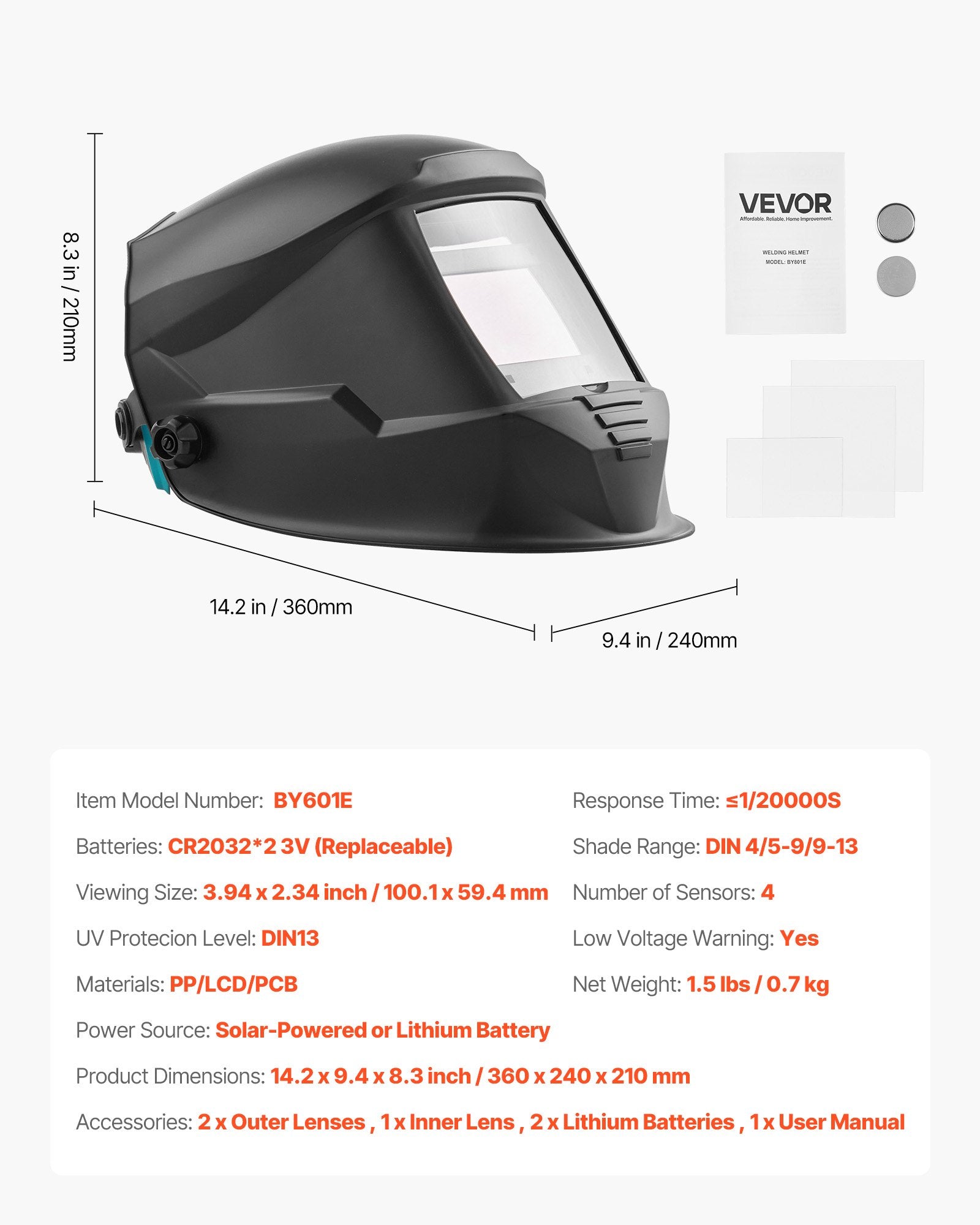 Automatinis suvirinimo skydelis VEVOR METIS BY601E, 100 x 59,4 mm
