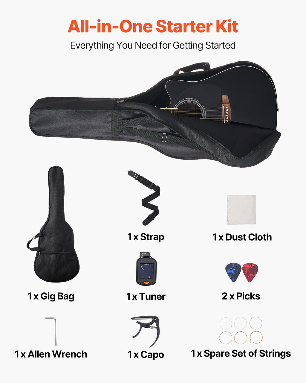 Akustinė gitara VEVOR FG068C-41BK, 1041 mm