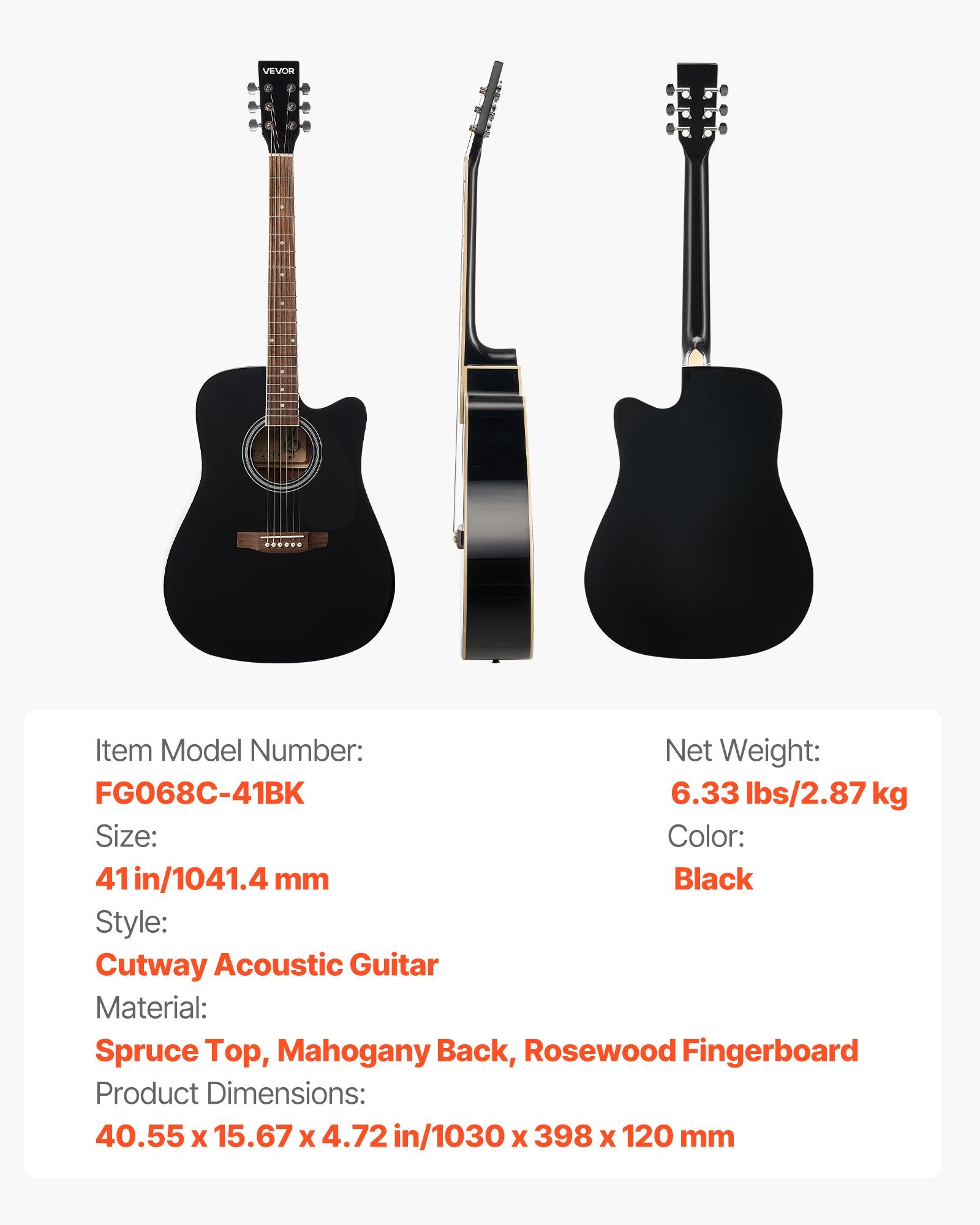 Akustinė gitara VEVOR FG068C-41BK, 1041 mm