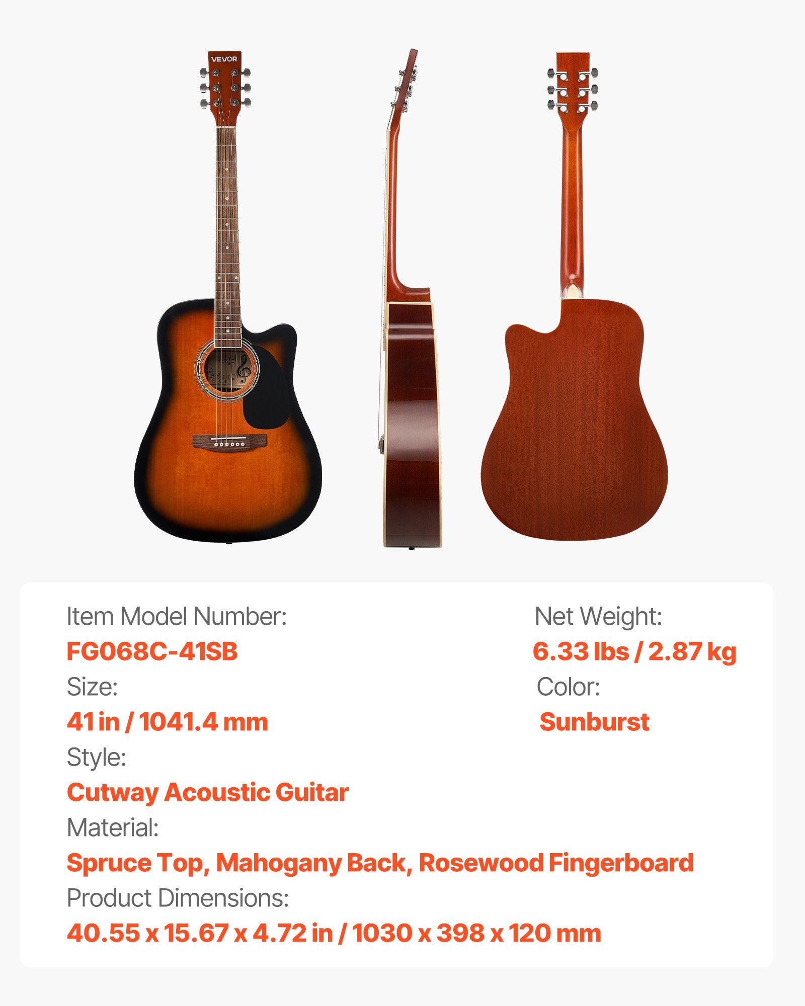 Akustinė gitara VEVOR FG068C-41SB, 104,1 cm