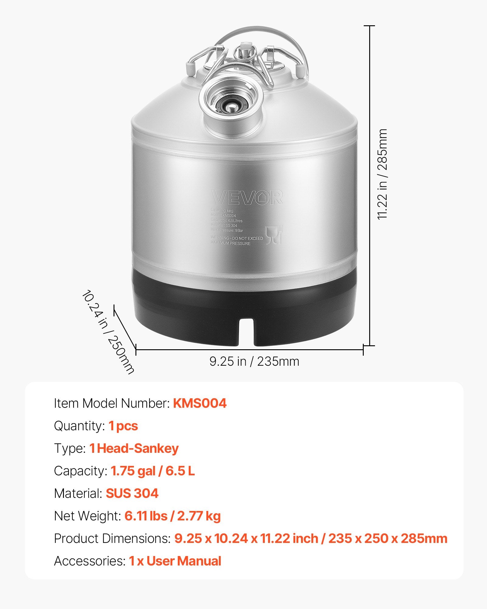 Alaus linijų valymo statinė VEVOR KMS004, 6,5 l