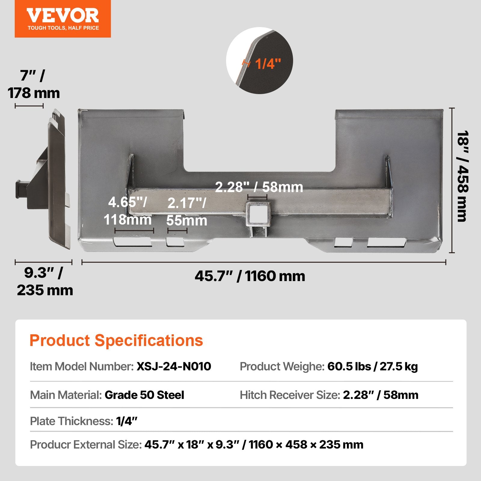 Mini krautuvo prikabinimo plokštė VEVOR XSJ-24-N010, 1360 kg keliamoji galia