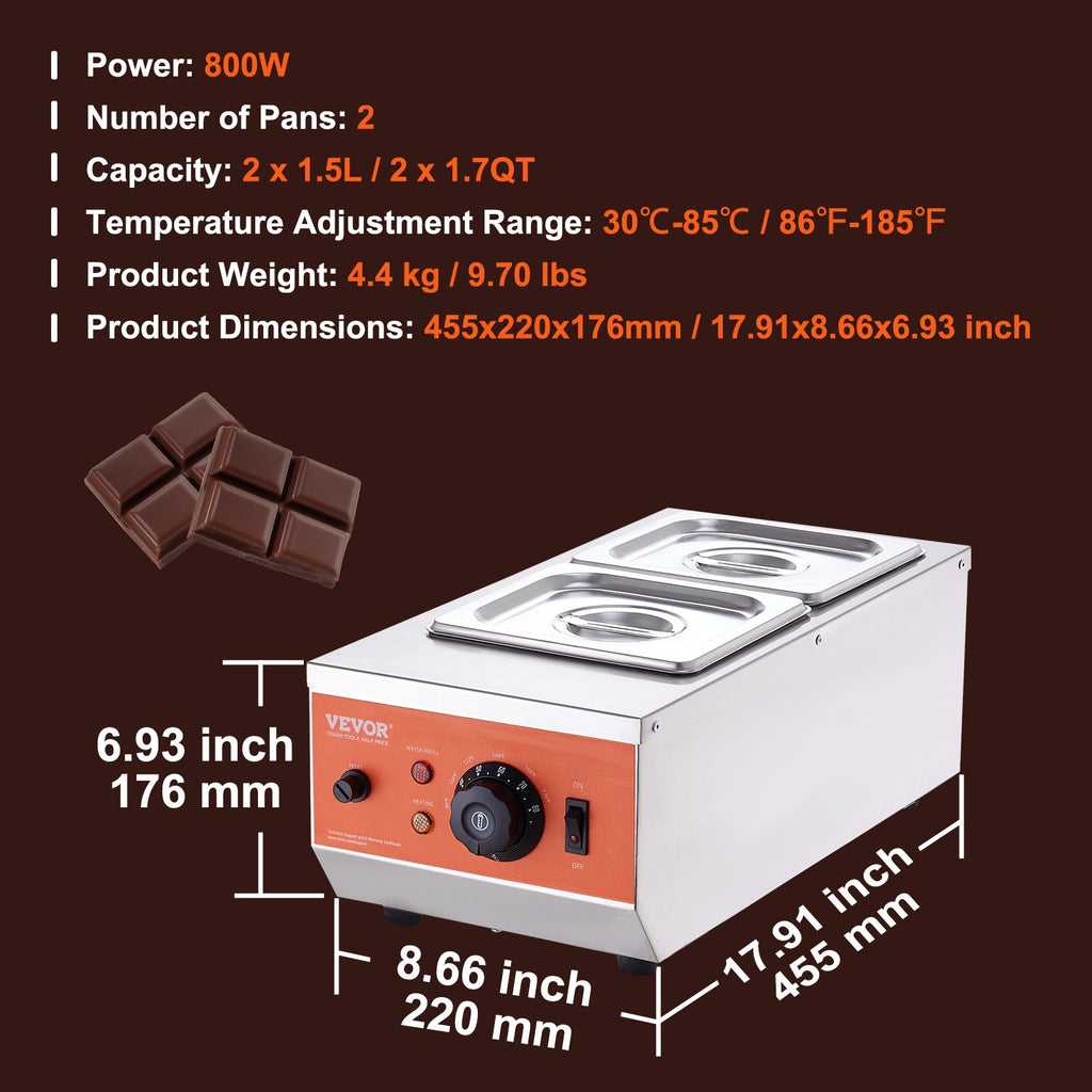 Šokolado lydymo ir temperavimo aparatas VEVOR CS-2, 2 talpos po 1,5 l