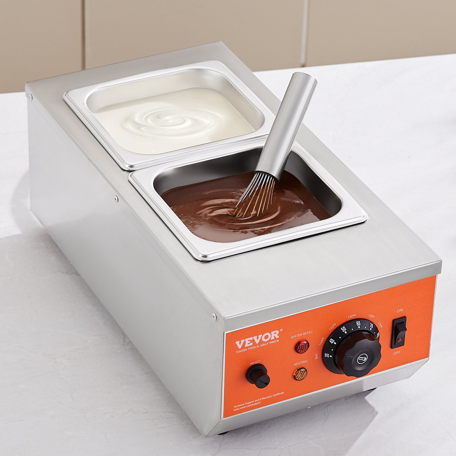 Šokolado lydymo ir temperavimo aparatas VEVOR CS-2, 2 talpos po 1,5 l