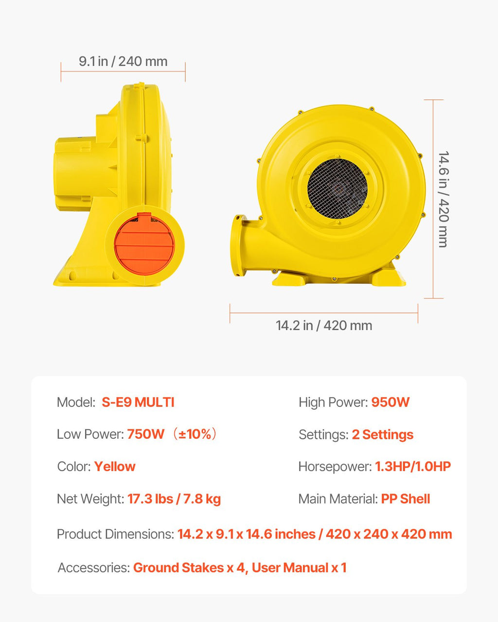 Oro pūstuvas pripučiamoms pramogoms VEVOR S-E9 MULTI, 950 W