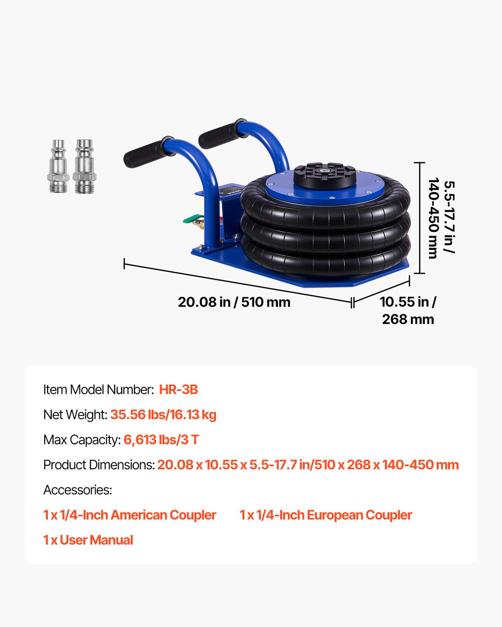 Pneumatinis pagalvinis keltuvas VEVOR HR-3B, 3 tonos